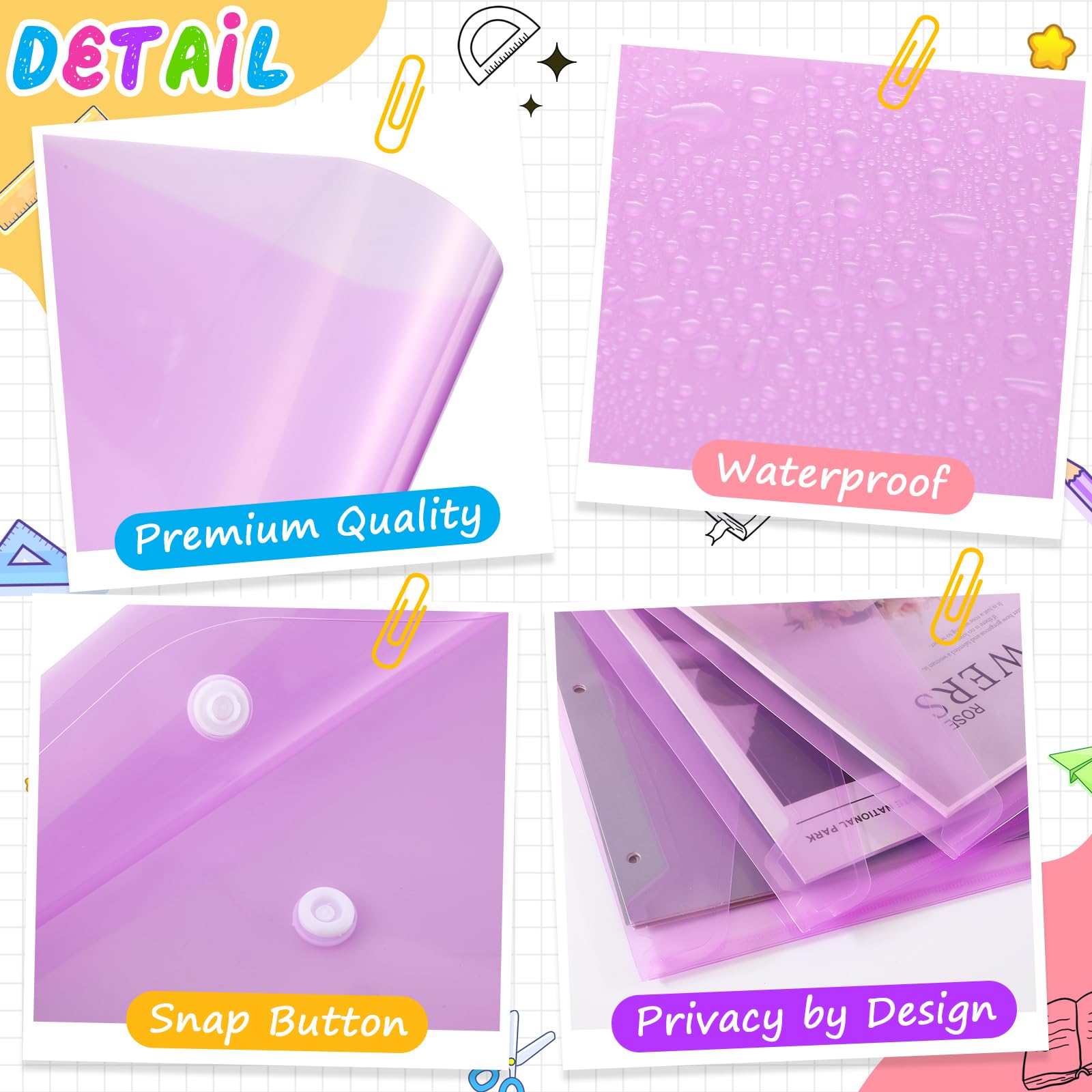 MotiMind 100 buste trasparenti con chiusura a bottone a pressione, formato A4, in plastica trasparente, organizer per documenti, per ufficio e casa (viola)