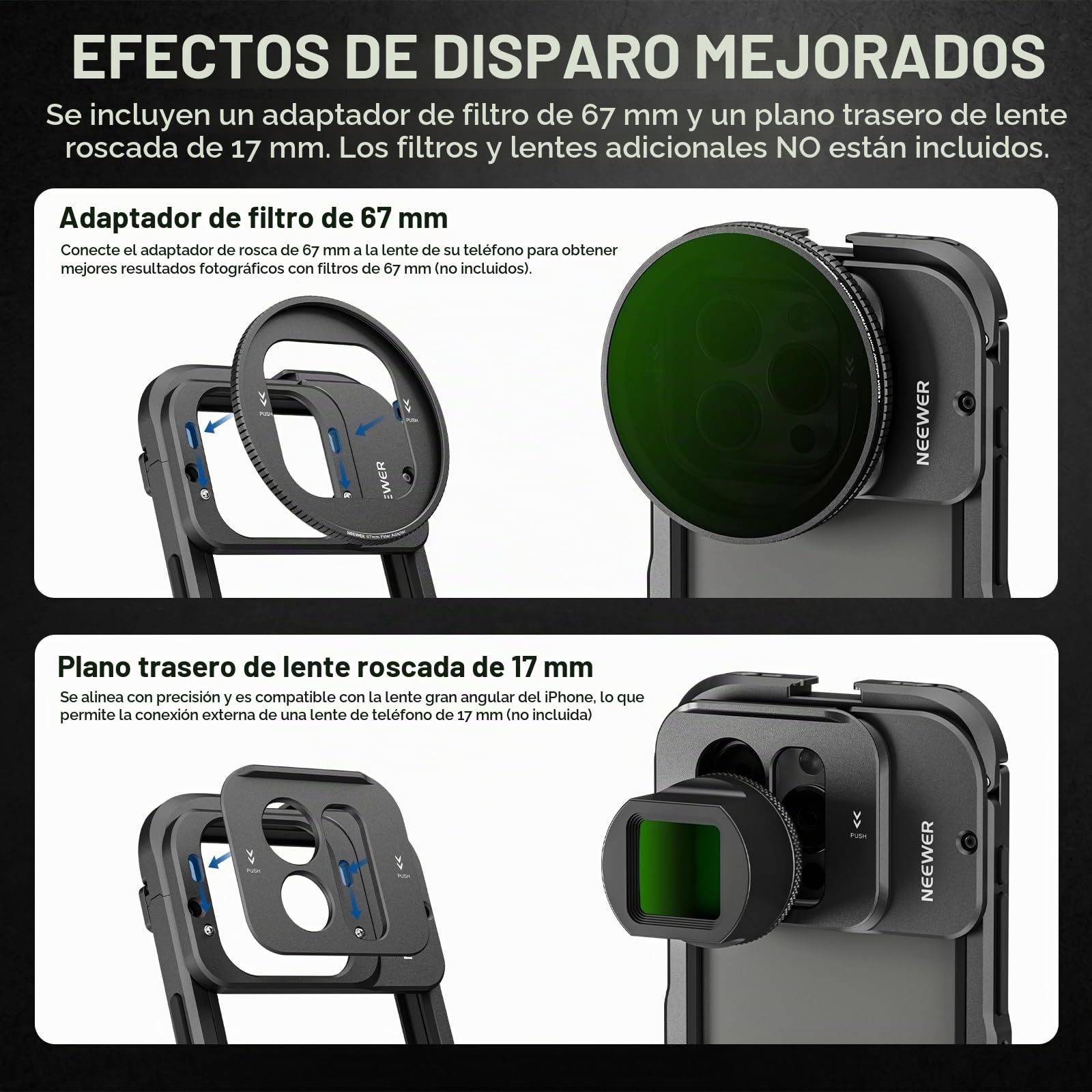 NEEWER 15 Pro MAX Jaula Vídeo Cage Rig con 67mm Adaptador de Filtro Snap On, 17mm Plano Posterior de Lente Roscada, Soporte para Trípode, Kit de Estuche para iPhone Estabilizador para Vídeo, PA024