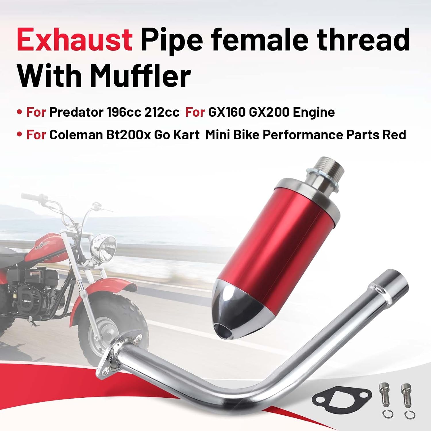 Exhaust Pipe female thread With Muffler For Predator 196cc 212cc for GX160 GX200 Engine for Coleman Bt200x Go Kart Mini Bike Performance Parts Red