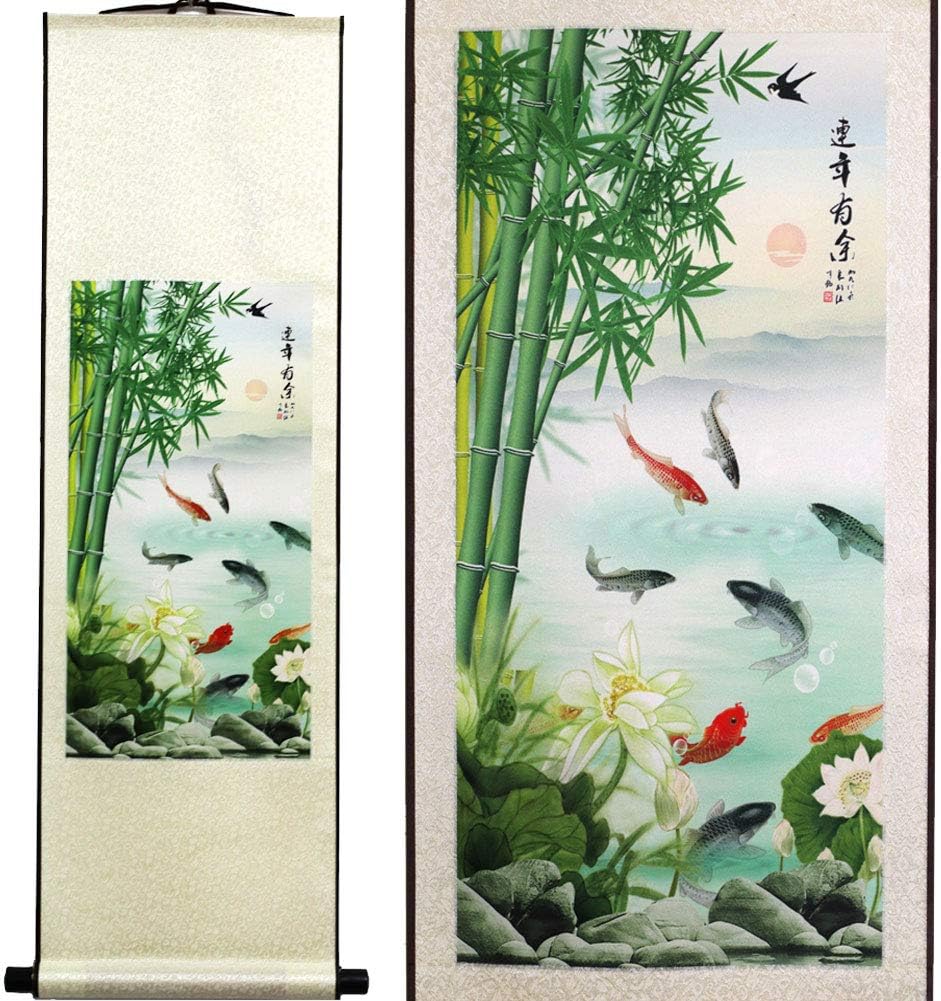 sweethome Asian Silk Scroll & Picture Scroll & Wall Scroll Calligraphy Hanging Artwork (Bamboo and Fish)