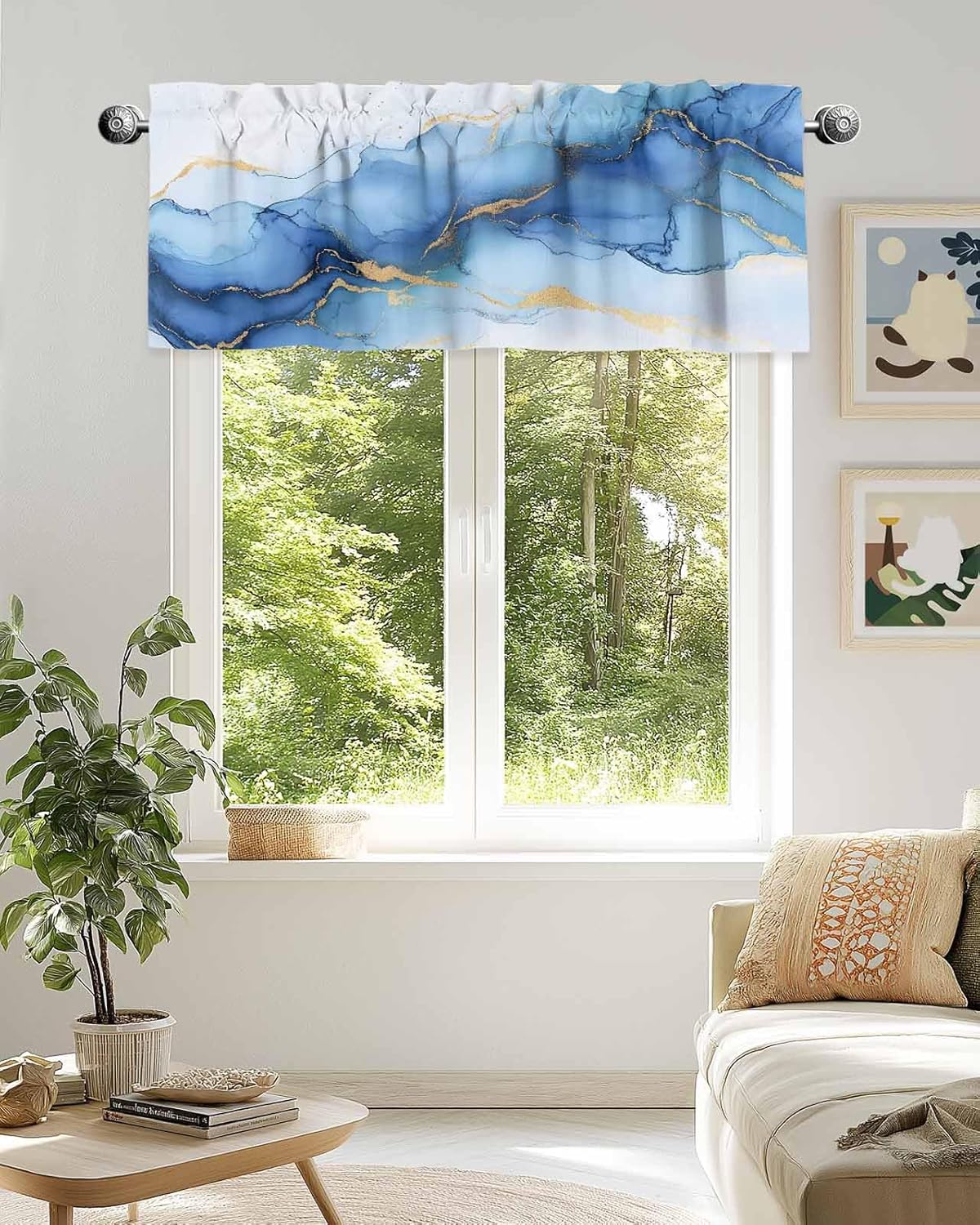 Abstract Art Blue Valance Curtain for Kitchen Blue White Gradient Marble Texture Modern Rod Pocket Tier Curtains Window Treatments for Kitchen Bathroom Bedroom,60x18In