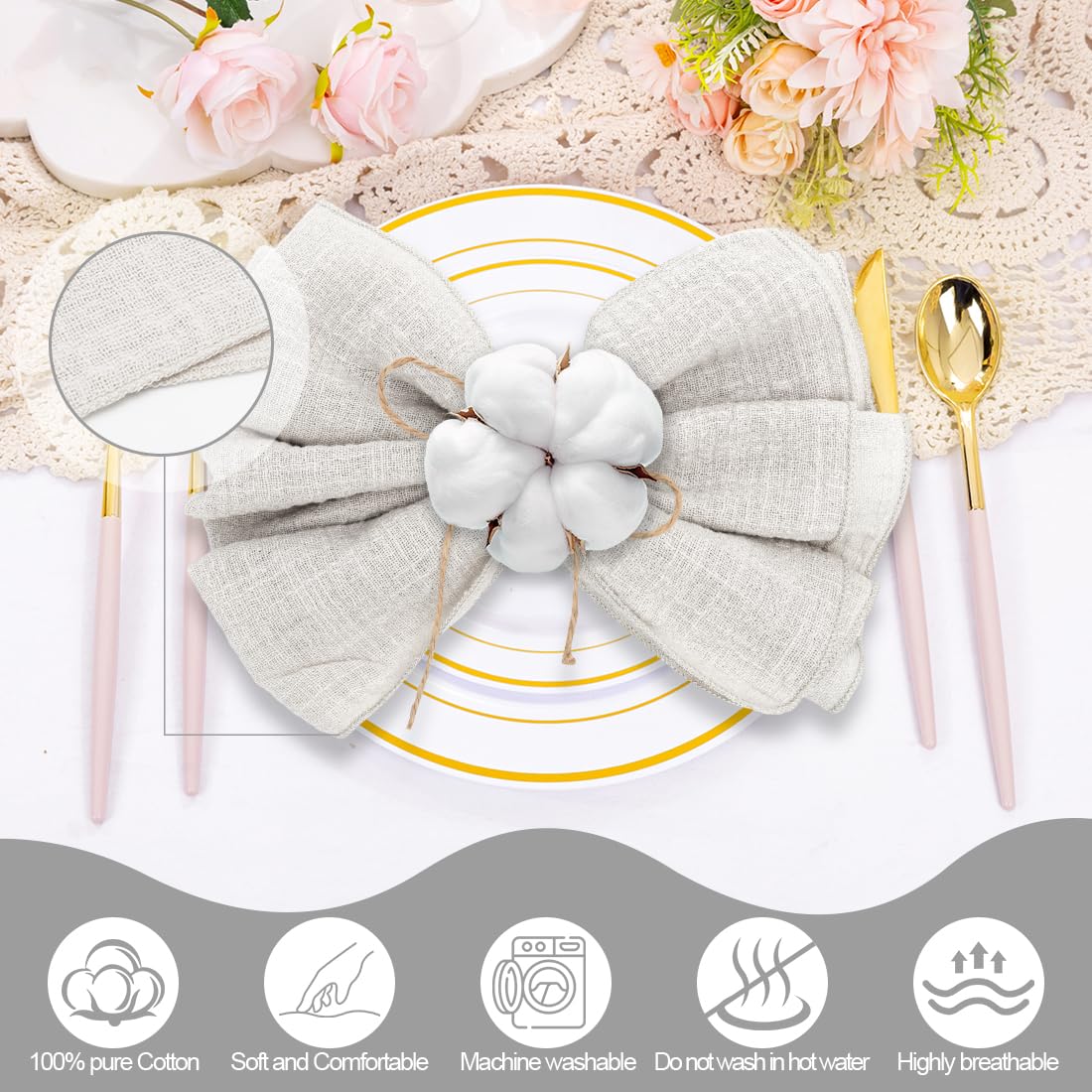 RANJIMA Tovaglioli Oversize in Cotone 100%, 45 x 45 cm (18" x 18") Tovaglioli di Stoffa Grandi Riutilizzabili per Natale Compleanni Matrimoni Decorazioni da Tavolo,Grigio Chiaro
