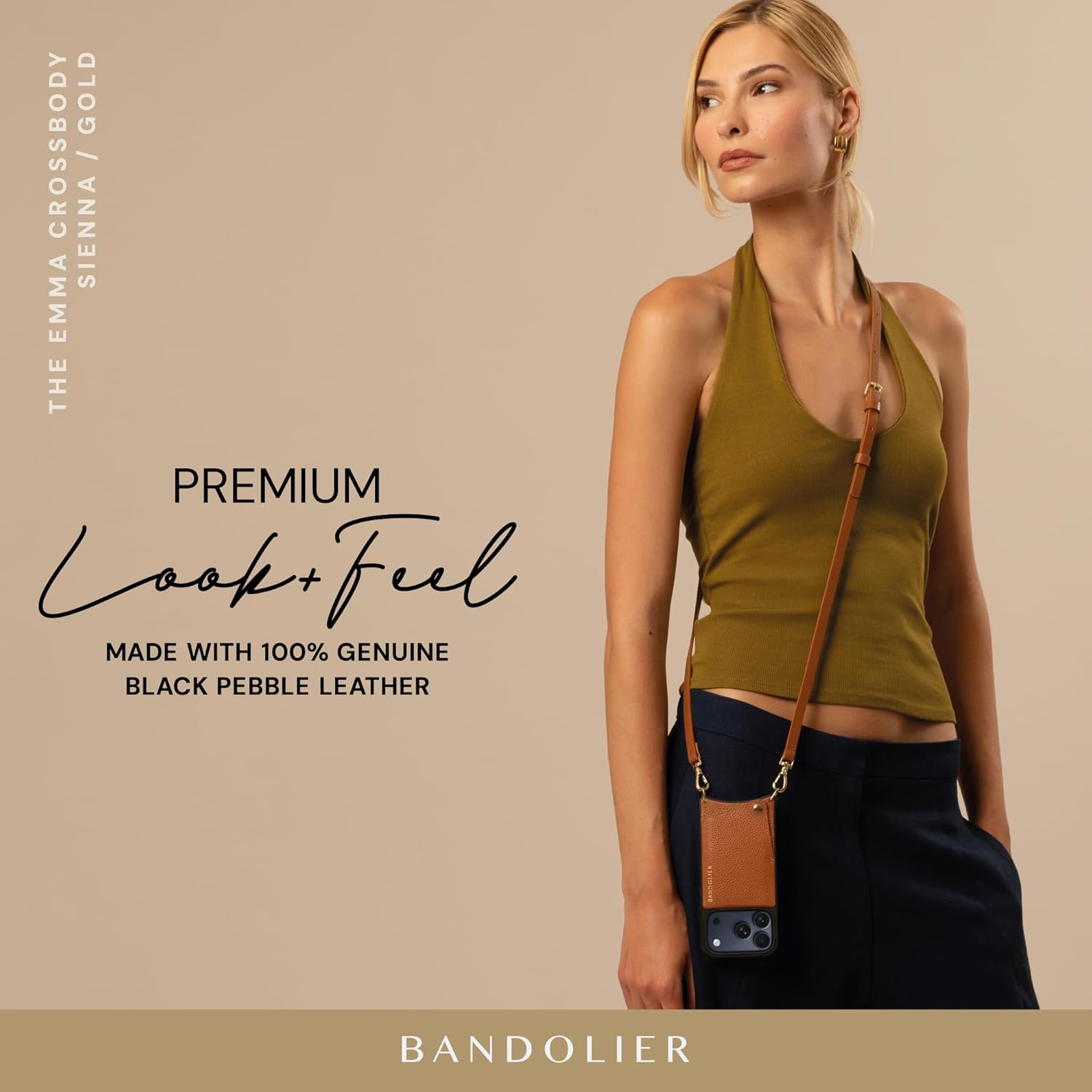 Bandolier Emma Crossbody Wallet Phone Case for iPhone 17 Pro Max. 100% Genuine Pebble Leather. Adjustable & Removable Crossbody Strap. Card Holder with Snap Closure. Sienna with Gold Hardware - Image 6