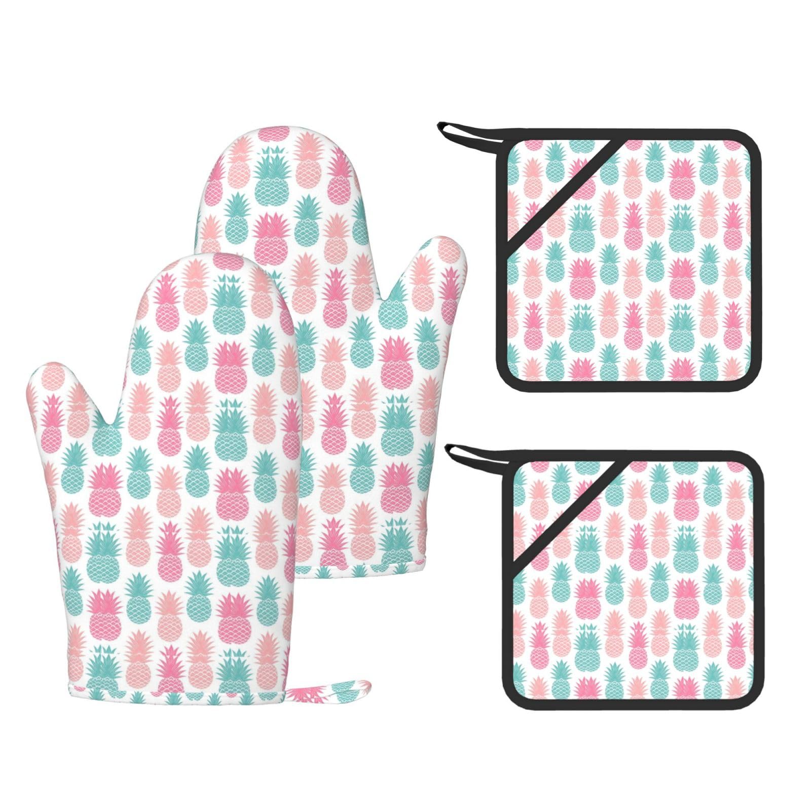 Colored pineapple Stylish Printed Kitchen Set Including Heat Resistant Gloves and Non-Slip Hot Pads for Cooking BBQ
