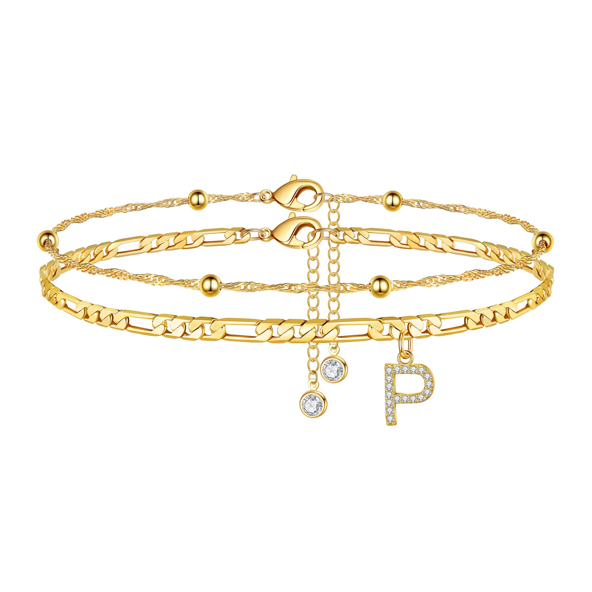 Ursteel Ankle Bracelets for Women, 14K Gold Plated Dainty Layered Chain CZ Initial Anklets Summer Jewelry Gifts for Women