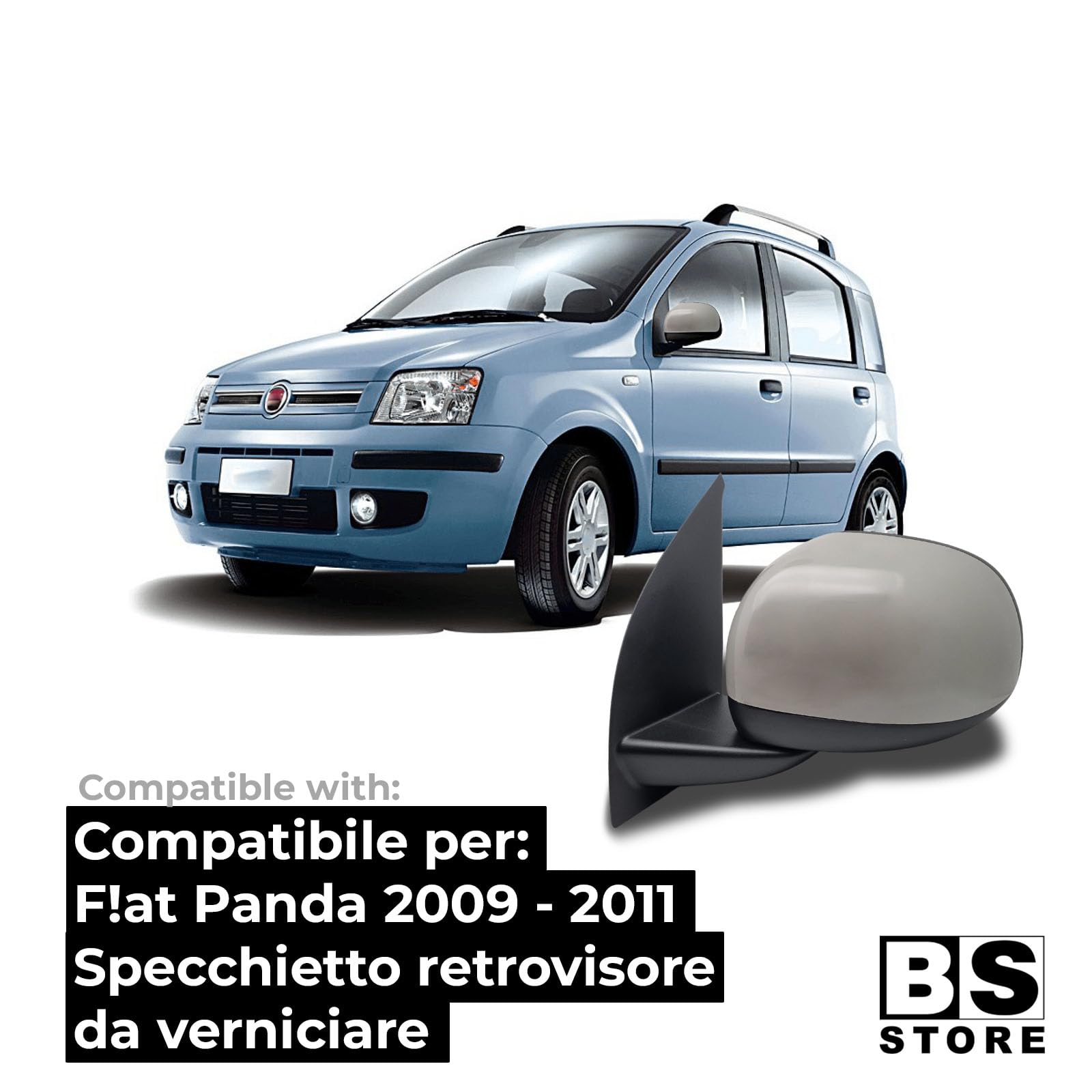 BSSTORE Specchietto Retrovisore Elettrico da Verniciare con Primer per Panda (169) 2009-2011 (Sinistra - Lato Conducente)
