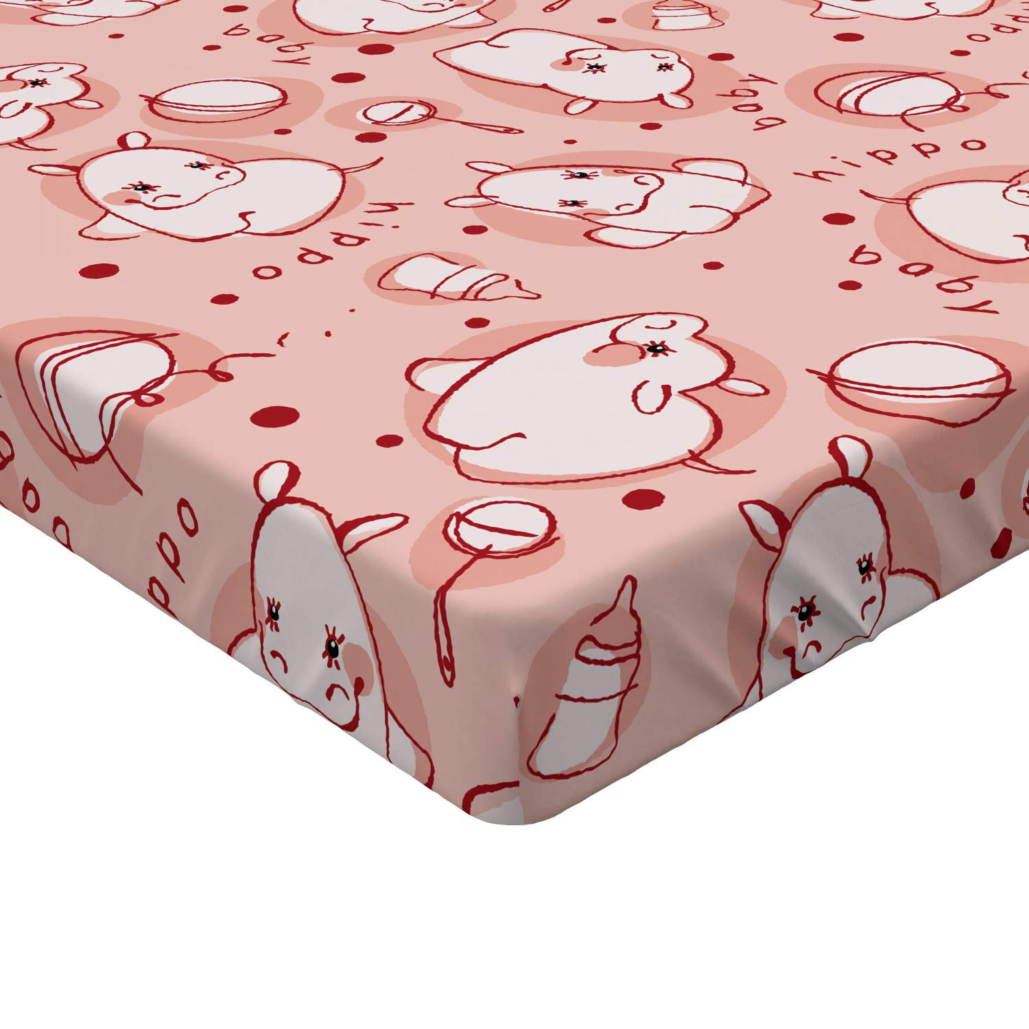 Ambesonne Hippo Fitted Sheet, Hippo Pattern Wild Animal Funny Girls Boys Playroom Concept, Soft Decorative Fabric Bedding All-Round Elastic Pocket, Twin Size, Coral Rose