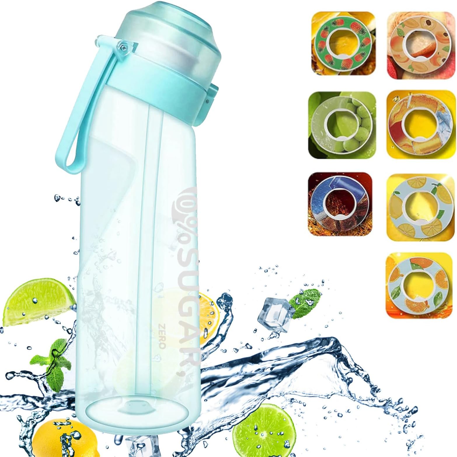Sports Water Bottle with 7 Flavour Pods and Straw, 650ML Fruit Fragrance Water Bottle, 0 Sugar, 0 Calorie, BPA Free, Drinking Bottles Suitable for Fitness Outdoors - Blue
