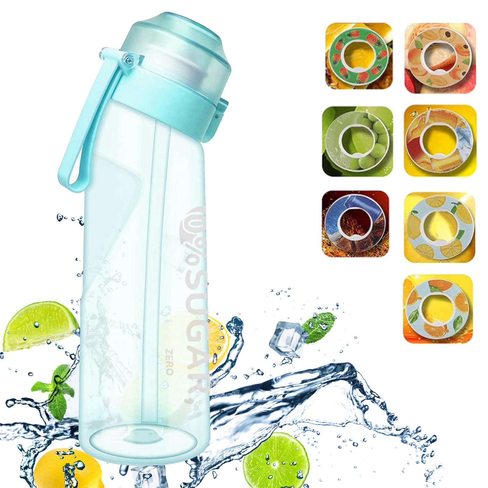 Aozebre Sports Water Bottle with 7 Flavour Pods and Straw, 650ML Fruit Fragrance Water Bottle, 0 Sugar, 0 Calorie, BPA Free, Drinking Bottles Suitable for Fitness Outdoors - Blue