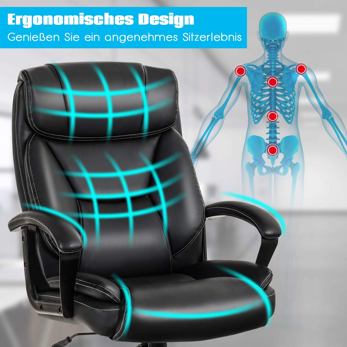 COSTWAY Ergonomische bureaustoel met hoge rugleuning, computer bureaustoel met arm, lederen directiestoel met 108,5-118,5 CM Verstelbare hoogte en lendensteun, gewatteerde stoel voor thuis en kantoor COSTWAY Ergonomische bureaustoel met hoge rugleuning, computer bureaustoel met arm, lederen directiestoel met 108,5-118,5 CM Verstelbare hoogte en lendensteun, gewatteerde stoel voor thuis en kantoor