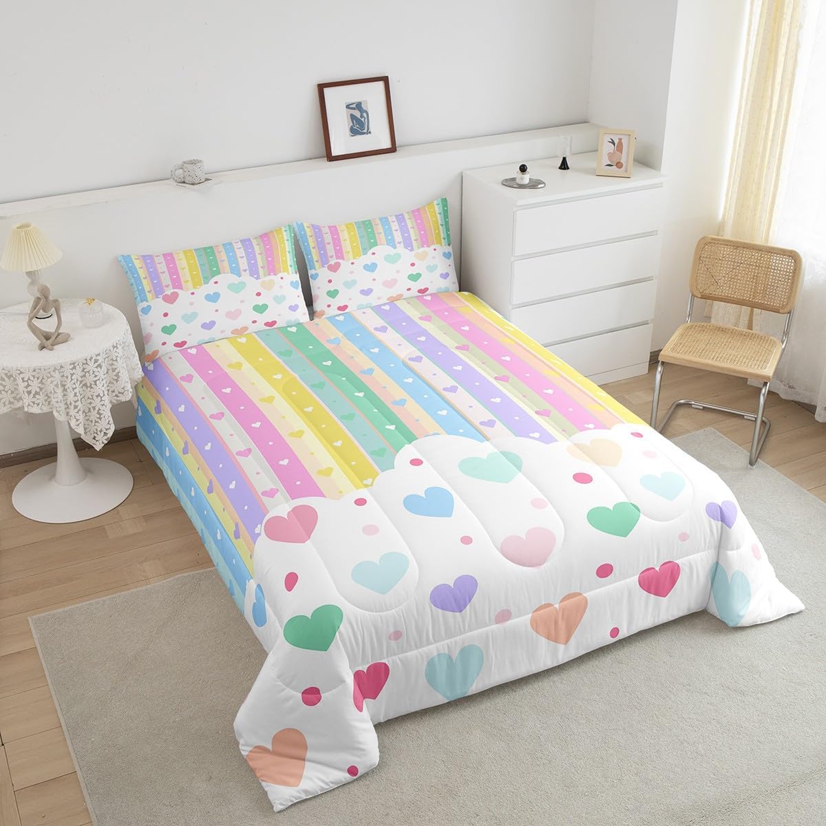 Feelyou Pretty Rainbow Bedding Set for Kids Boys Girls Colorful Love Heart Comforter Twin Size Dot Comforter Set Bedroom Decor Kawaii Quilt Set Bedding Collection 2Pcs
