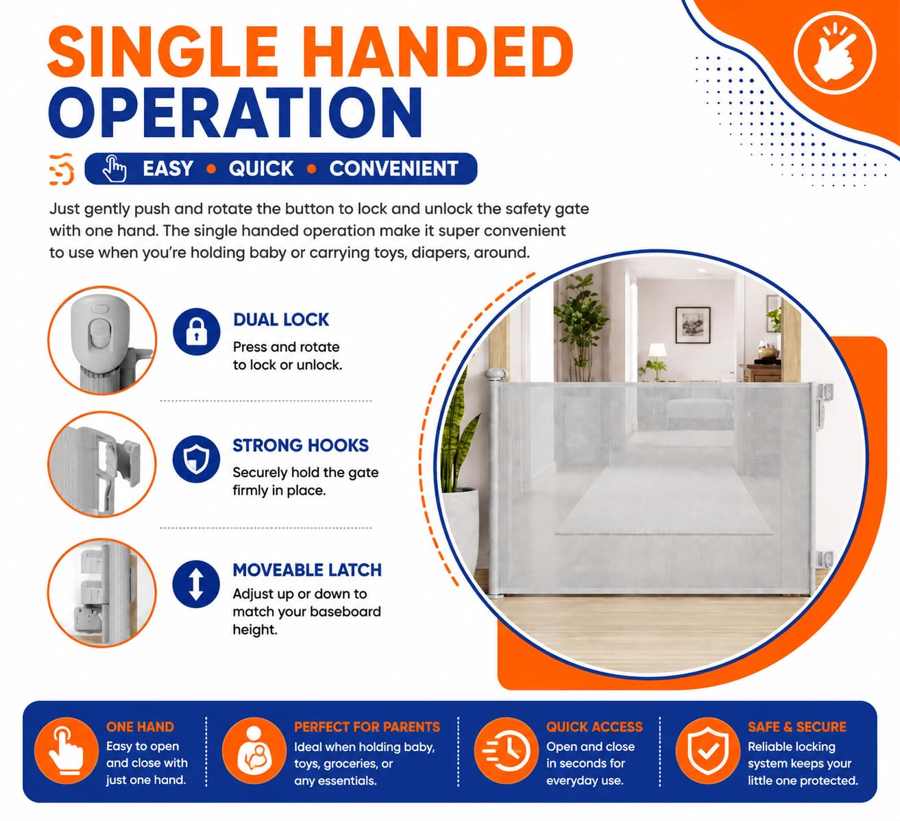 Wysuwana bramka schodowa, 148 cm x 79 cm, wysuwane bramy schodowe dla niemowląt, bardzo szerokie, obsługa jedną ręką i podwójny mechanizm zabezpieczający, tkanina do bramy dla niemowląt, bramki