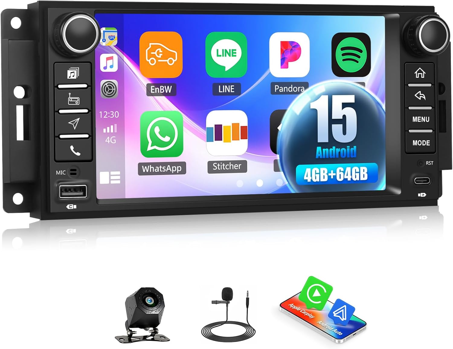 [4+64G] Android 15 Car Stereo for Jeep Wrangler/Dodge/Chrysler with Wireless Carplay&Android Auto,7 Inch Touchscreen Car Radio with Mirror Link,WiFi,GPS,Bluetooth,FM/RDS,SWC,32EQ,USB/Type-C