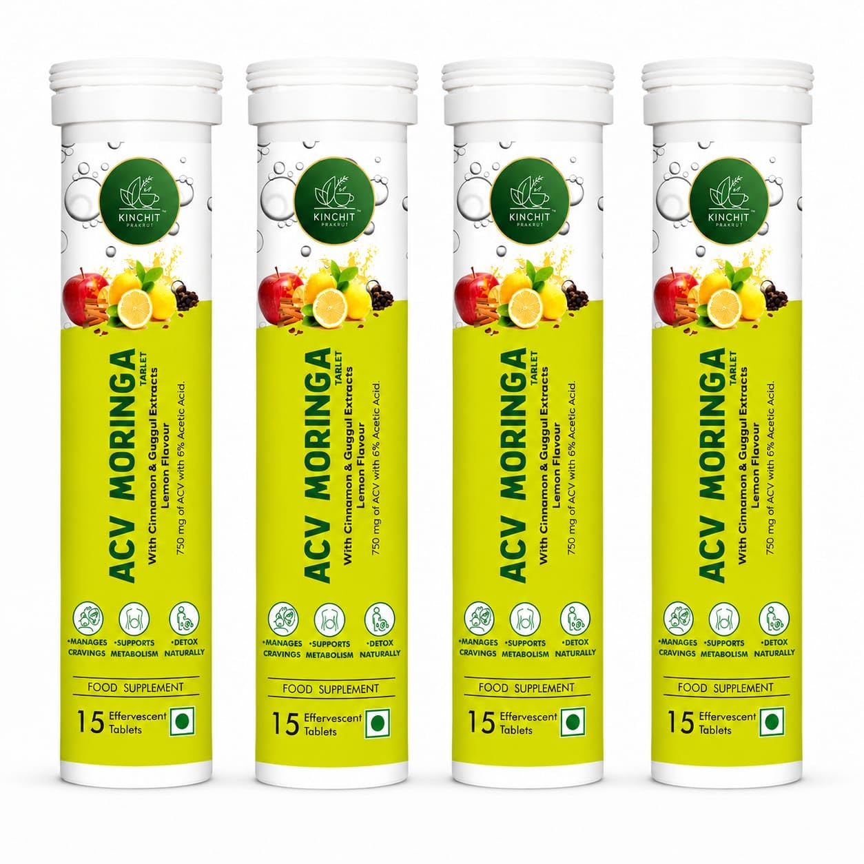 apple cider vinegar acv moringa, 750 mg with 6% acetic acid, cinnamon and guggul extract | lemon flavour (pack of 4)