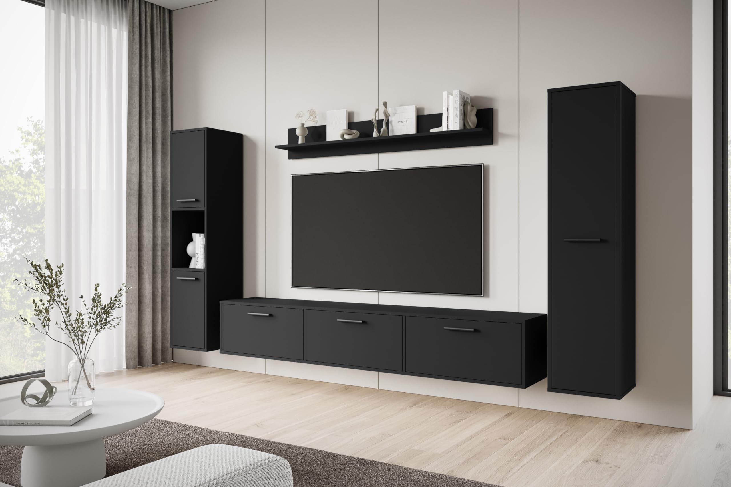 MINIO go for it - Wohnwand Wohnzimmer 4-teilig Toga, Wohnzimmer Möbel Set, 1x TV Lowboard, 2X Hochschrank, 1x Wandboard, Wohnzimmermöbel Komplett, Wohnzimmer Set - Farbe Schwarz Graphit Matte