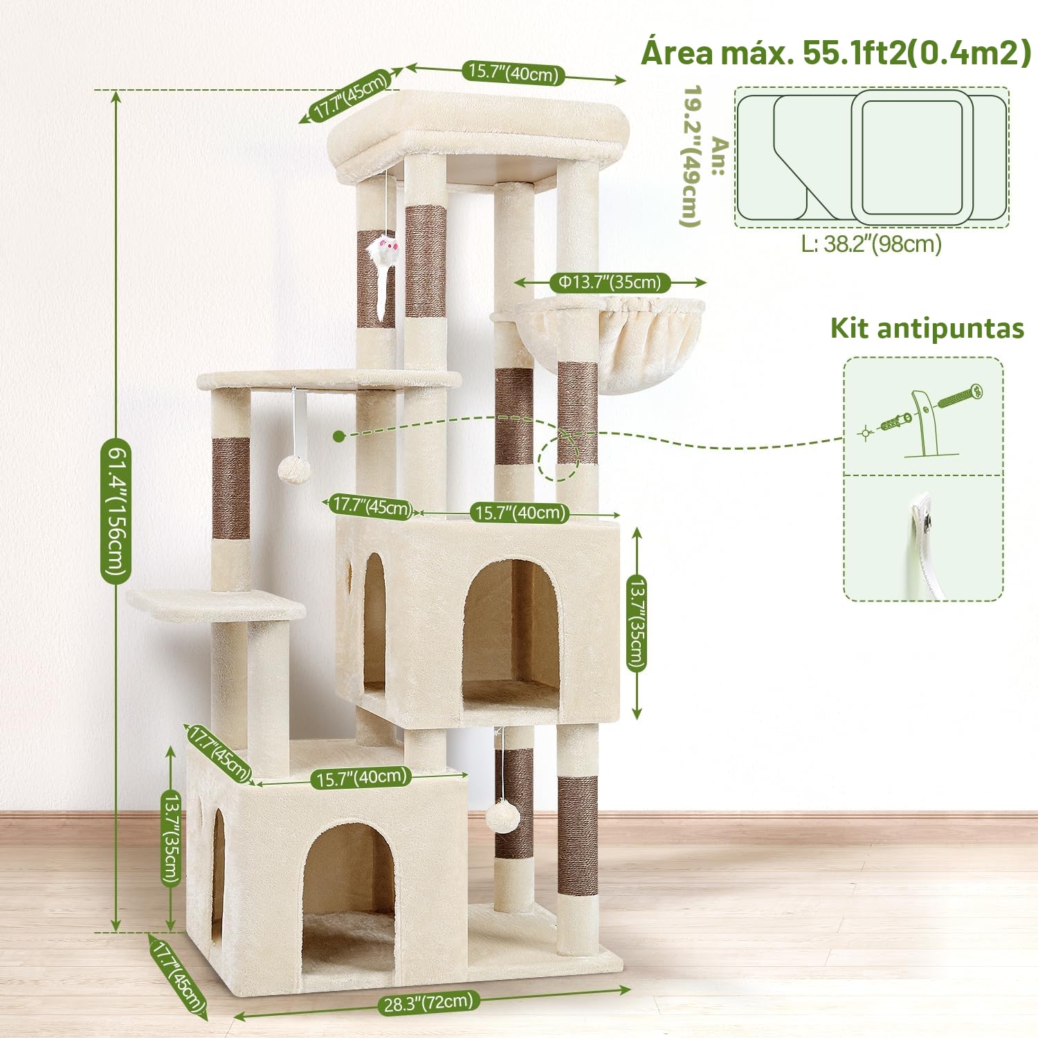 Globlazer Árbol Rascador Grande Beige Estable con Bases 72 * 45CM, 2 Grandes Nidos, Plataformas Acolchada Superior, Felpa Cesta, Rascador Alto 156 cm para Gatos Grandes Descansar Jugar (F61, Beige) | Árbol para gatos con 2 columnas para rascar de sisal, f