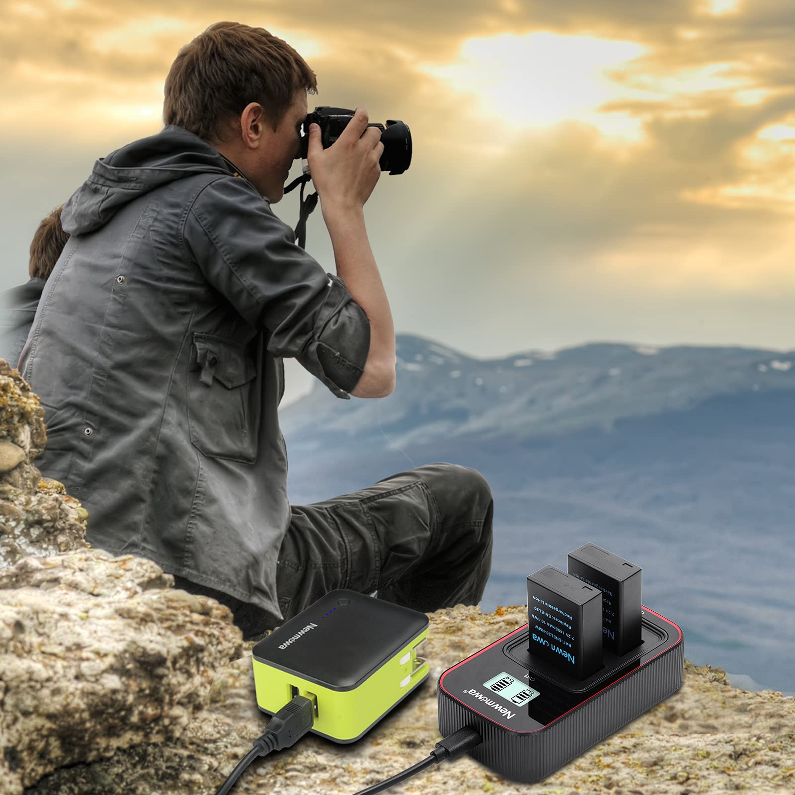 Newmowa EN-EL20 Zapasowa bateria (2 sztuki) i inteligentna ładowarka USB z wyświetlaczem LCD do Nikon EN-EL20, EN-EL20a, Nikon 1 J1,1 J2,1 J3,1 S1,1 V3, Coolpix A, P1000 i Blackmagic Pocket Cinema