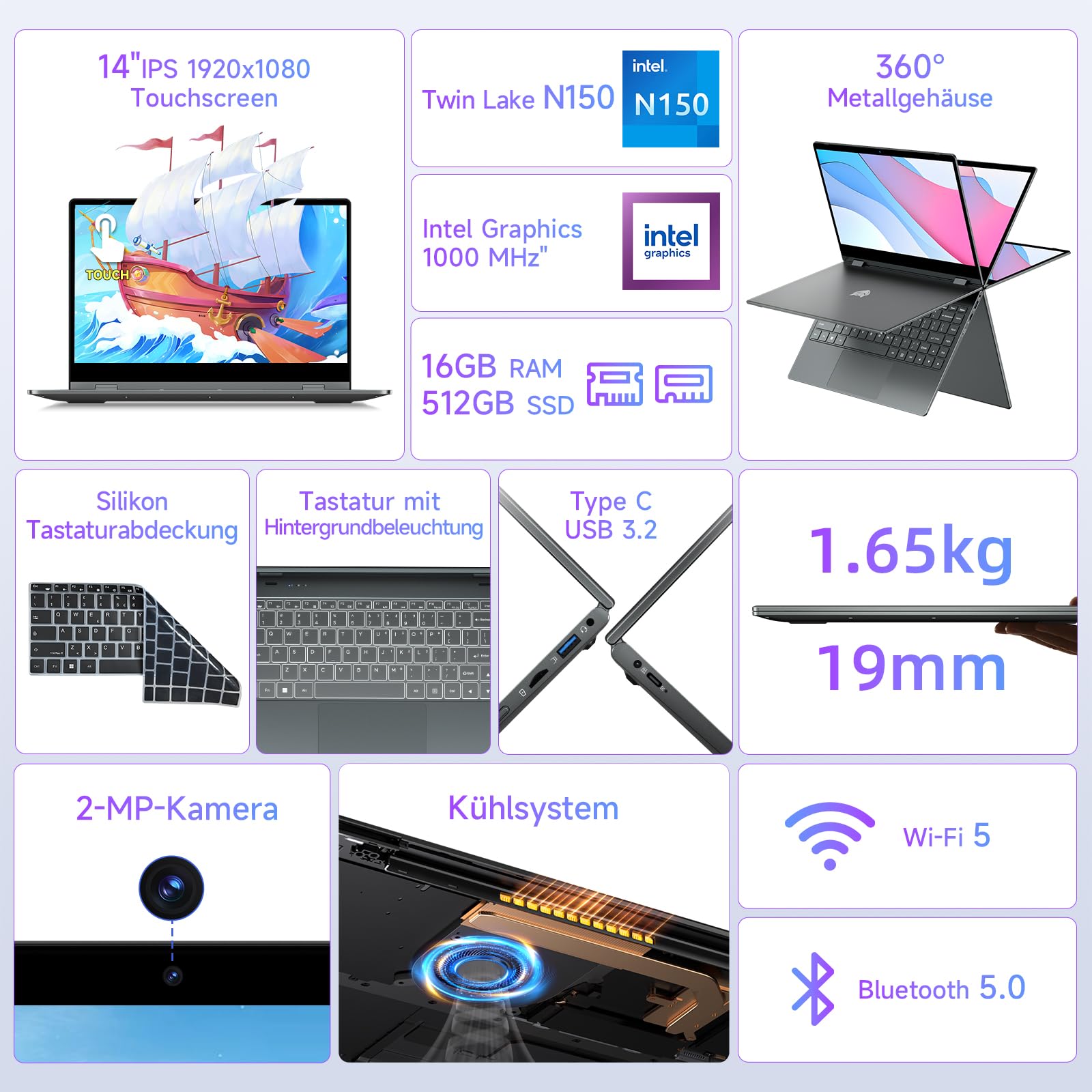 BMAX 2-in-1 Laptop Touchscreen Notebook Intel N150 up to 3.6GHz 16GB RAM 512GB SSD 14" Full HD Convertible Computer Beleuchtete Tastatur USB-C/3.2, Bluetooth, WiFi Deutsche Tastaturschutzfolie