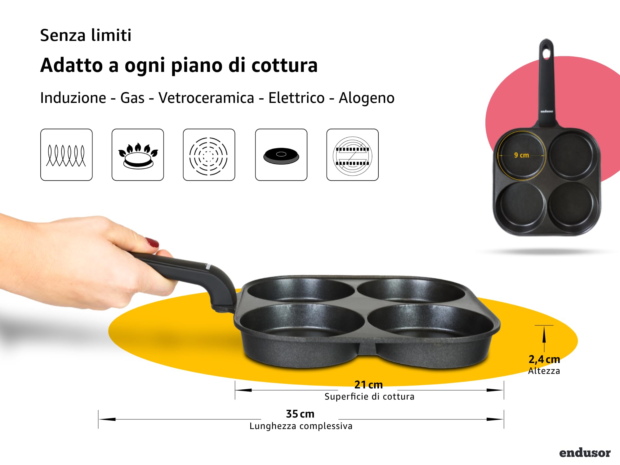 endusor Padella pancake e uova fritte - 21cm padella per pancake antiaderente | Per Fornelli a Induzione Gas Ceramica Elettrici Alogeni| Piastra a 4 stampi per Pancakes Uova Fritte Frittata