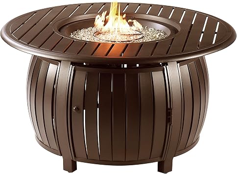 Round 44 in. x 44 in. Aluminum Propane Fire Pit Table with Glass Beads, Two Covers, Lid, 57,000 BTUs in Brown Finish