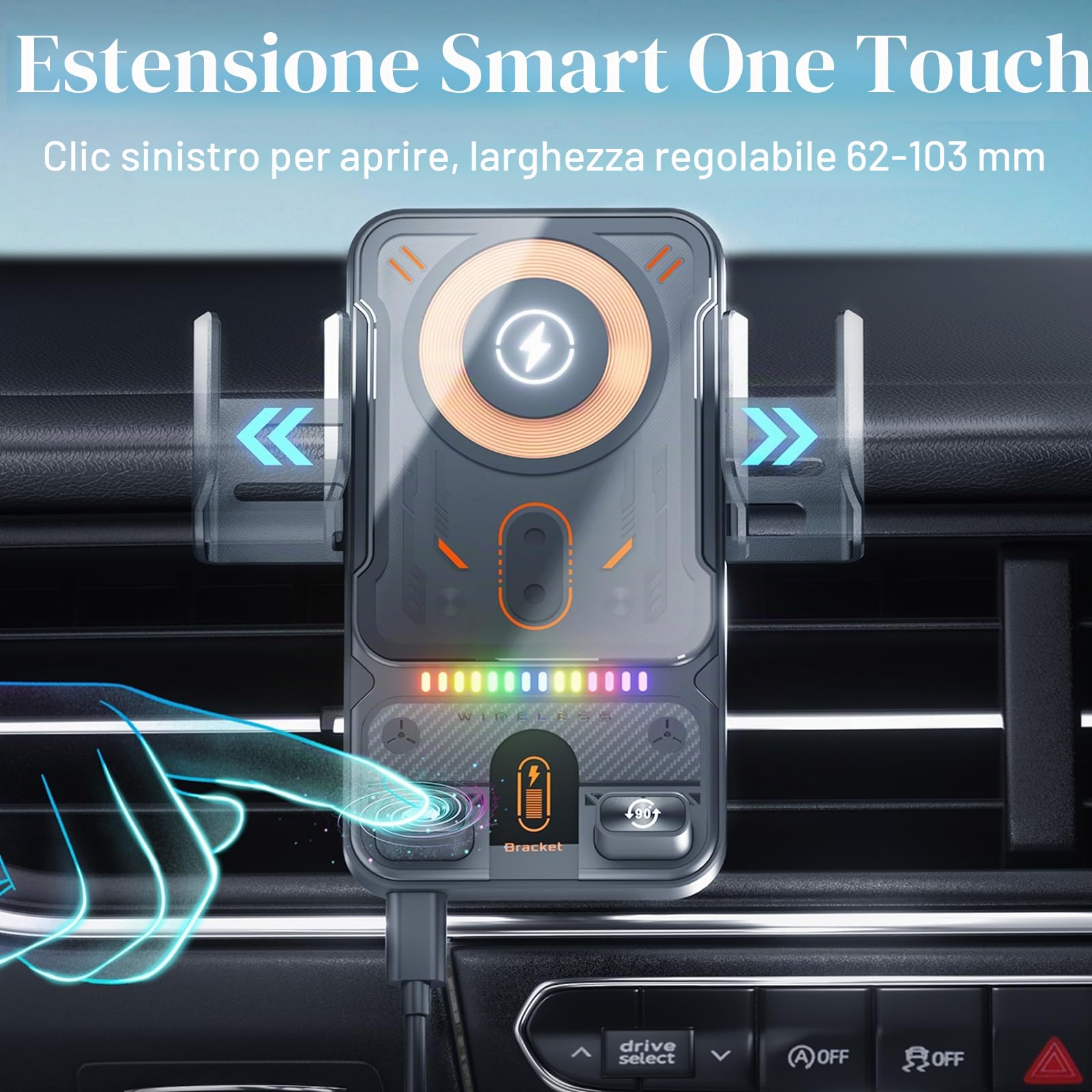 OBEST Supporto per telefono da 15 W, con funzione di ricarica, magnetico senza fili, con clip di ventilazione, girevole telescopico motorizzato con rilevamento automatico per iPhone e Android