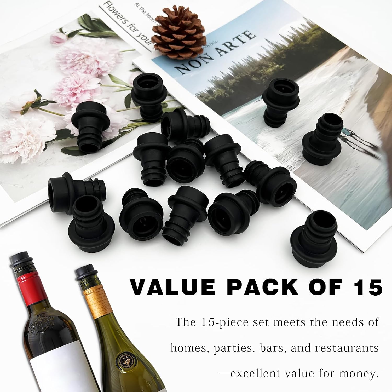 15-Pieces Vacuum Wine Stoppers Set, Silicone Reusable Bottle Sealers for Wine Storage, Black Wine Corks (Pump Not Included)
