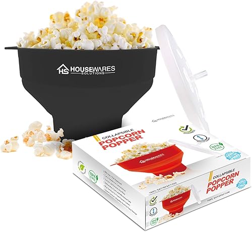 Plegable silicona microondas aire caliente palomitas popcorn Popper Bowl con tapa y asas (negro)
