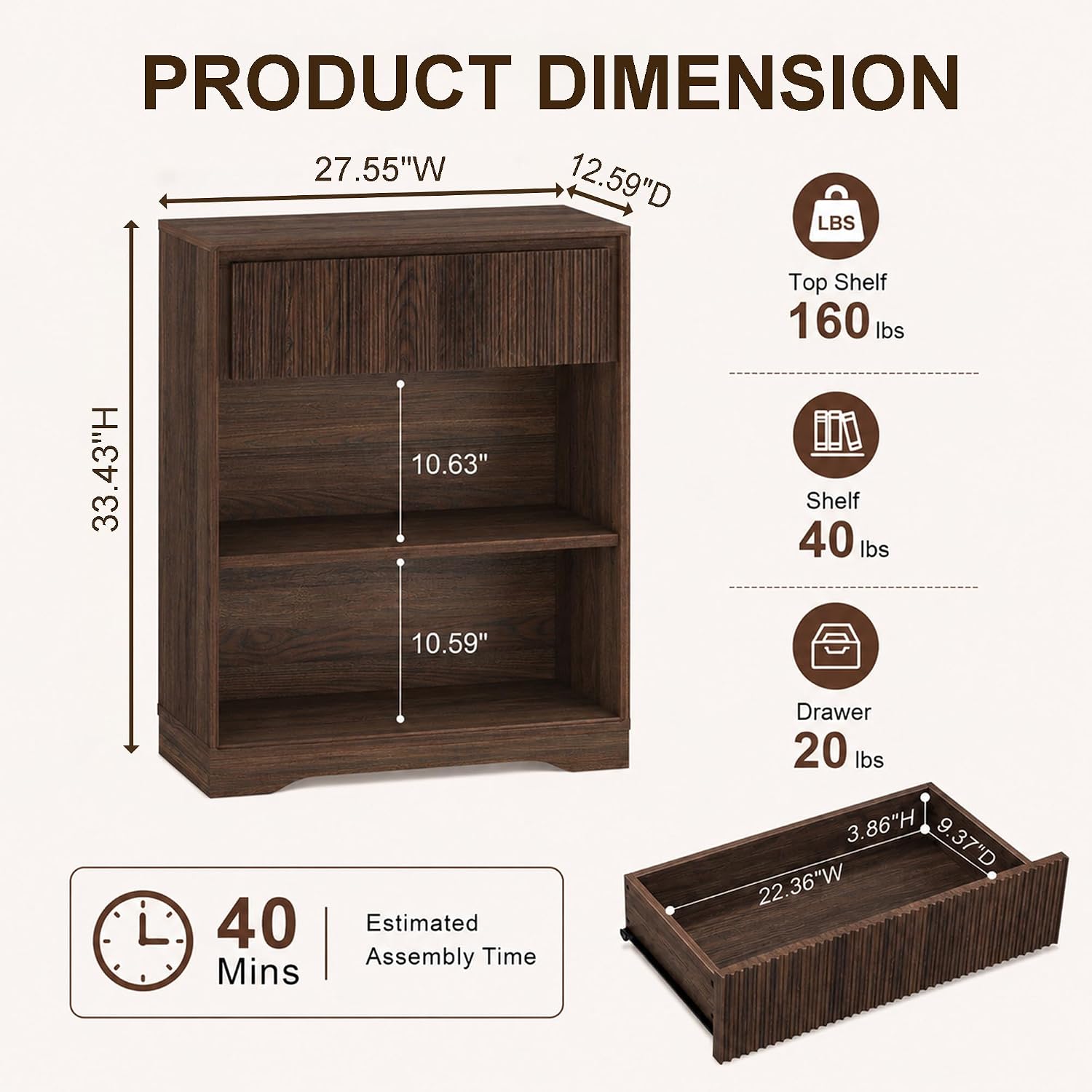 FATORRI TV Stand and Bookshelf Set, 63" Wood Media Console with Fluted Doors and 3-Tier Bookcase with Drawer, Dark Walnut image 5