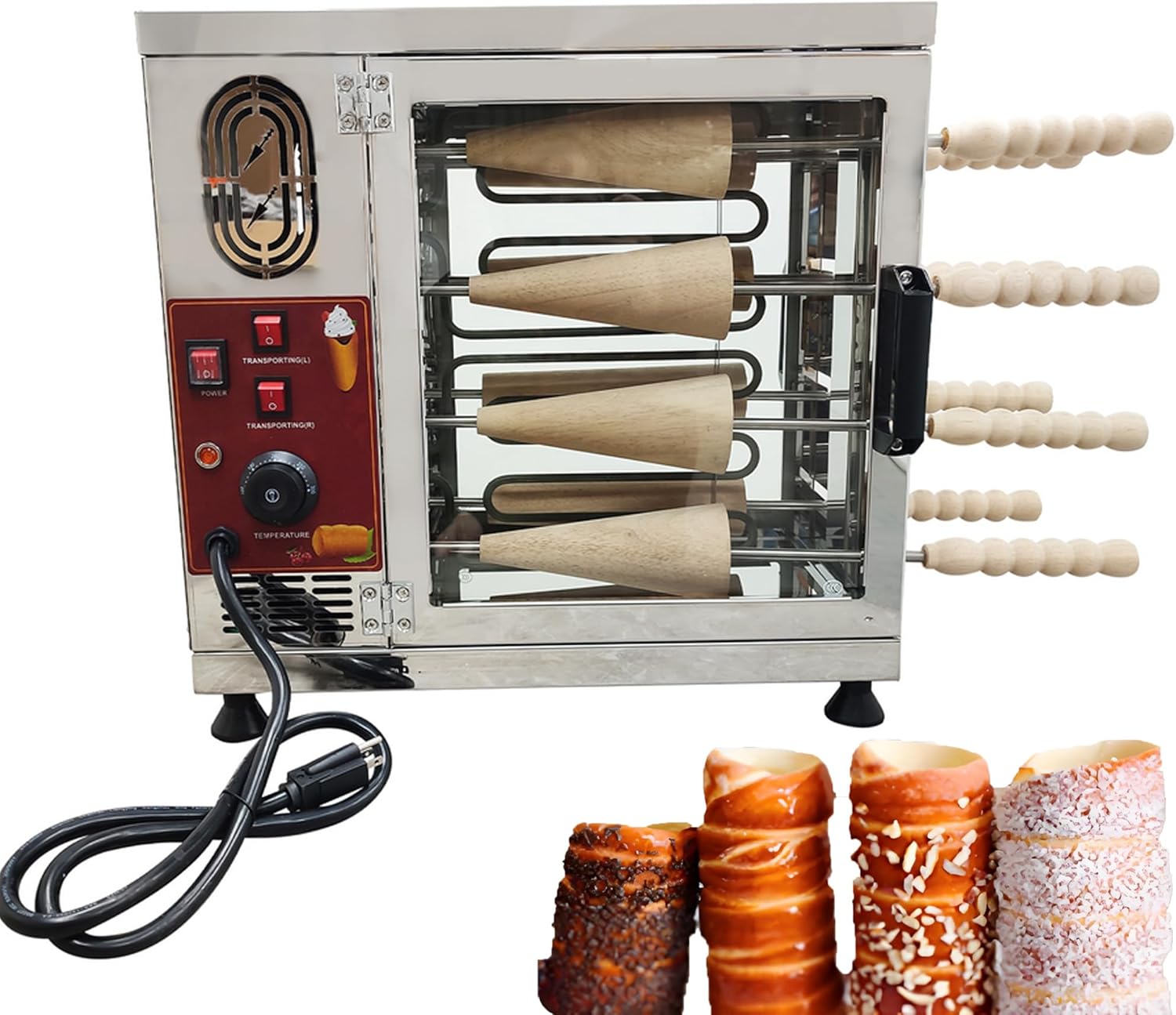 Chimney Cake Maker Oven 3200W 110V Stainless Steel Electric Ice Cream Cone Cake Roll Grill Machine with 8 Chimney-Shaped Dies / 8 Conical Dies for Dessert Shops Coffee Shops Bakeries School