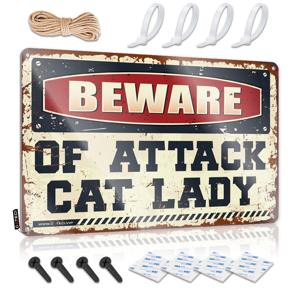 Space Room Decor, Tin Wall Decor Funny Soft Area Wall Decor, Patriotic Rustic Metal Tin Sign For Man Cave | Mancave Holiday Gift Custom Beware Of Attack Cat Lady(30X40CM)