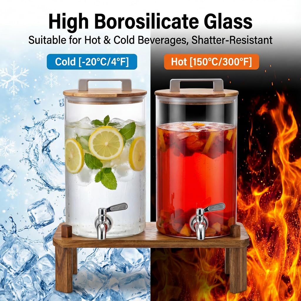 ‌MerryNine 2x4L Verre Distributeurs de Boissons, Distributeur Boissons avec Support en Bois, avec Robinet en Acier Inoxydable, Distributeurs d'Eau pour Fêtes, Idéal pour Limonades Froides ou Chaudes