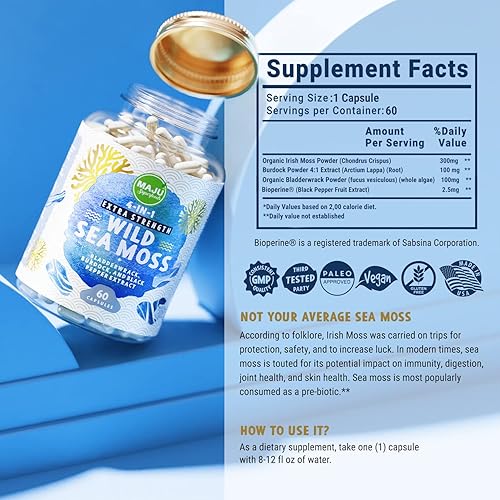 Miniatura 5 de MAJU - Cápsulas de musgo marino orgánico 4 en 1, Chondrus Crispus salvaje, musgo marino con fucus vesiculoso + raíz de bardana, más fuerte que