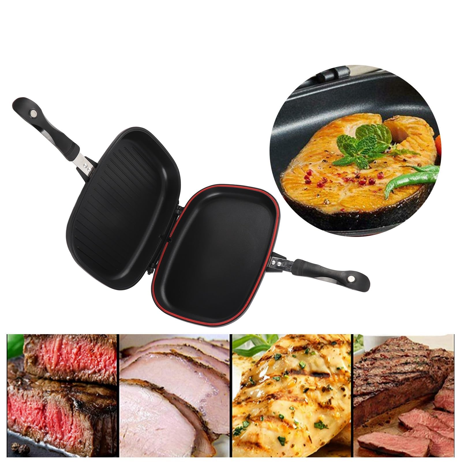 HERCHR Poêle à frire double face, poêle multifonctionnelle pour petit-déjeuner, poêle à griller, double face, portable, poignée anti-brûlure, ustensiles de cuisine, marmite à griller 32
