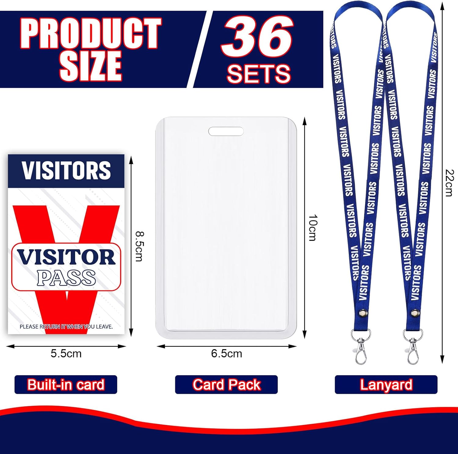 Jetec 36 Set Visitor Badges with Lanyard PVC Plastic Card Reusable Visitor Pass Badge Holders Guest Name Tag Temporary Pass for Company School Exhibition Client Customer Vendor