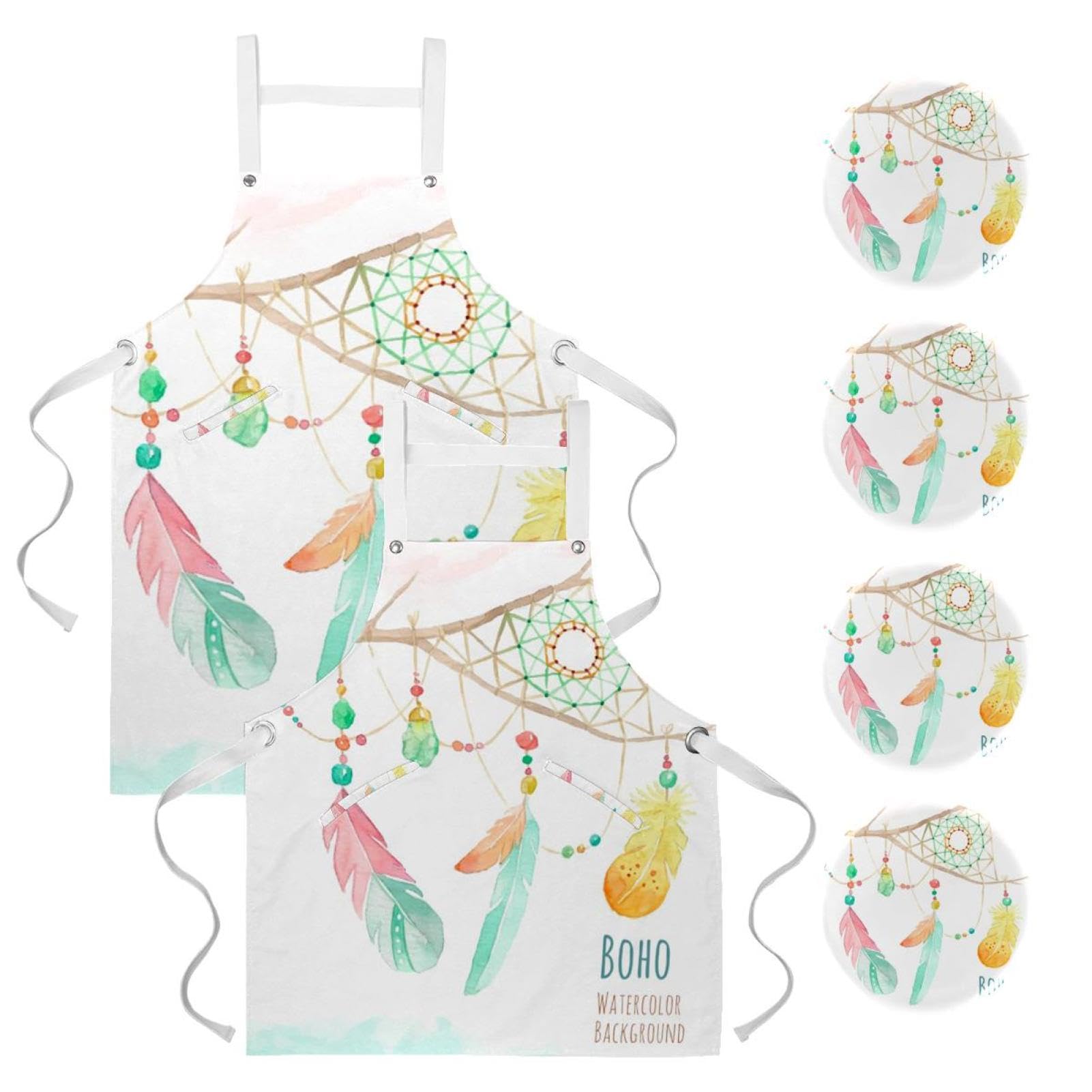 Lot de 2 tabliers de cuisine avec 4 broches motif attrape-rêves bohème
