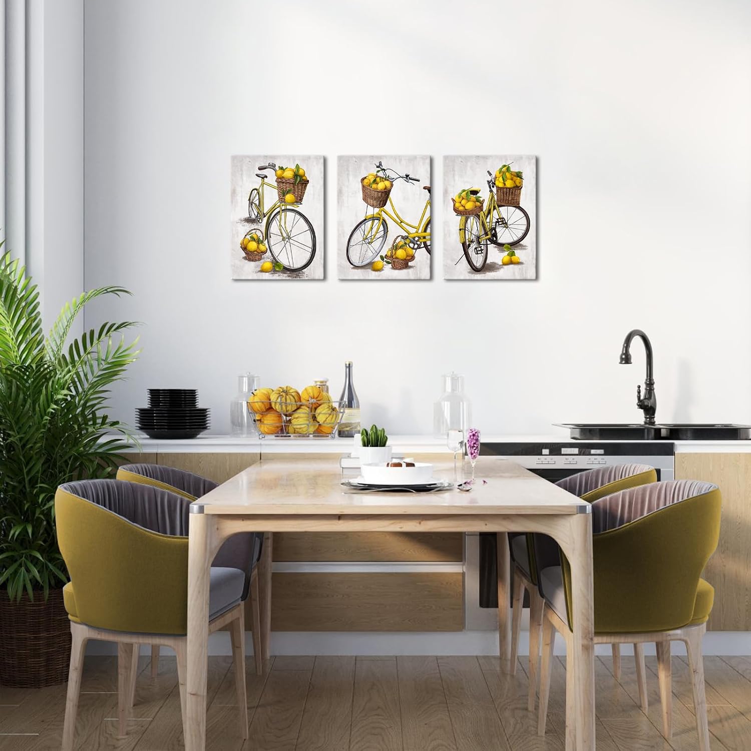Nachic Wall Lemon Wall Art Farmhouse Bicycle Pictures Yellow Kitchen Wall Decor Lemon Paintings Bike Canvas Prints (Grey)