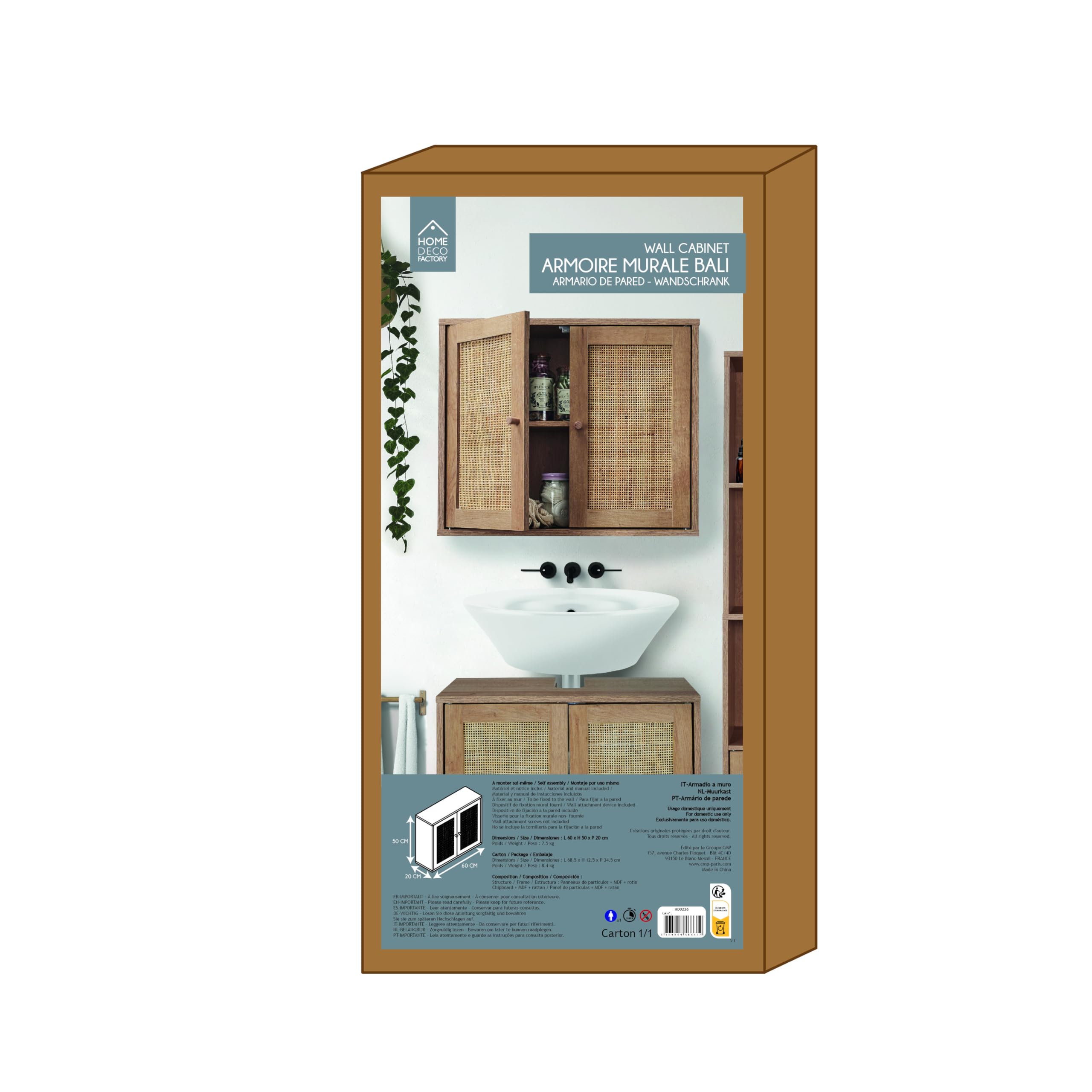 HOME DECO FACTORY - Armoire Murale Modèle Bali Collection Natural Crush - Meuble de Salle de Bain - 60 x 50 x 20 cm - Marron - Design Élégant et Pratique pour Votre Intérieur - Modèle Bali | Panneaux de particules, armoire murale, modèle Bali, salle de ba