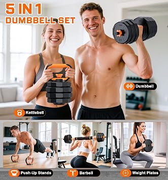 5-in-1 Adjustable Dumbbell Set, 33/44/66/88lbs Free Weights Set with Connector, Used as Kettlebells, Barbell, Push up Stand, Standard 1 Plates, Fitness Exercises for Home Gym Suitable Women/Men