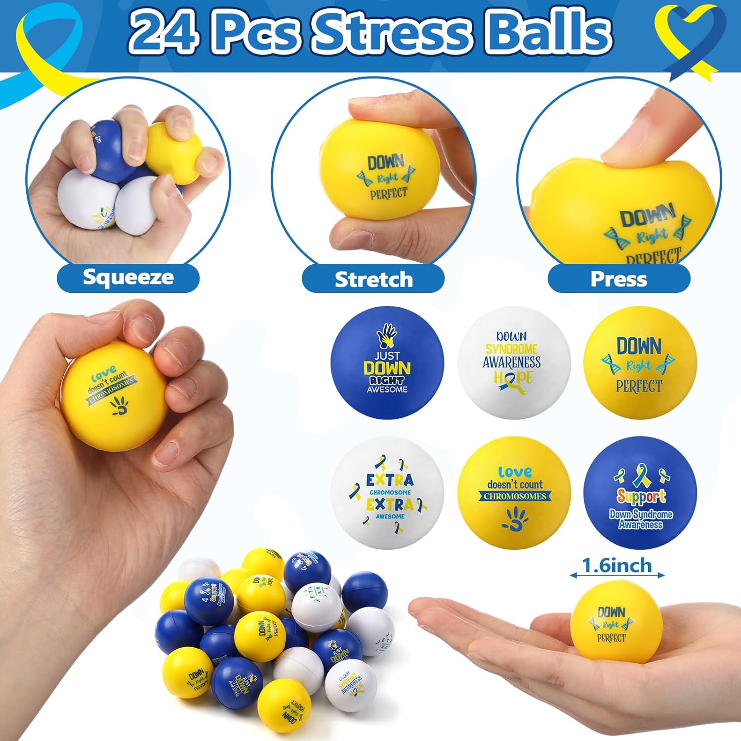 120 Pcs Down Syndrome Accessories Set World Down Syndrome Day Socks Ribbon Bracelets Pin Yellow Stress Relief Ball Card Blue and Yellow Decor for School Publicity Charity Events Gift Supplies