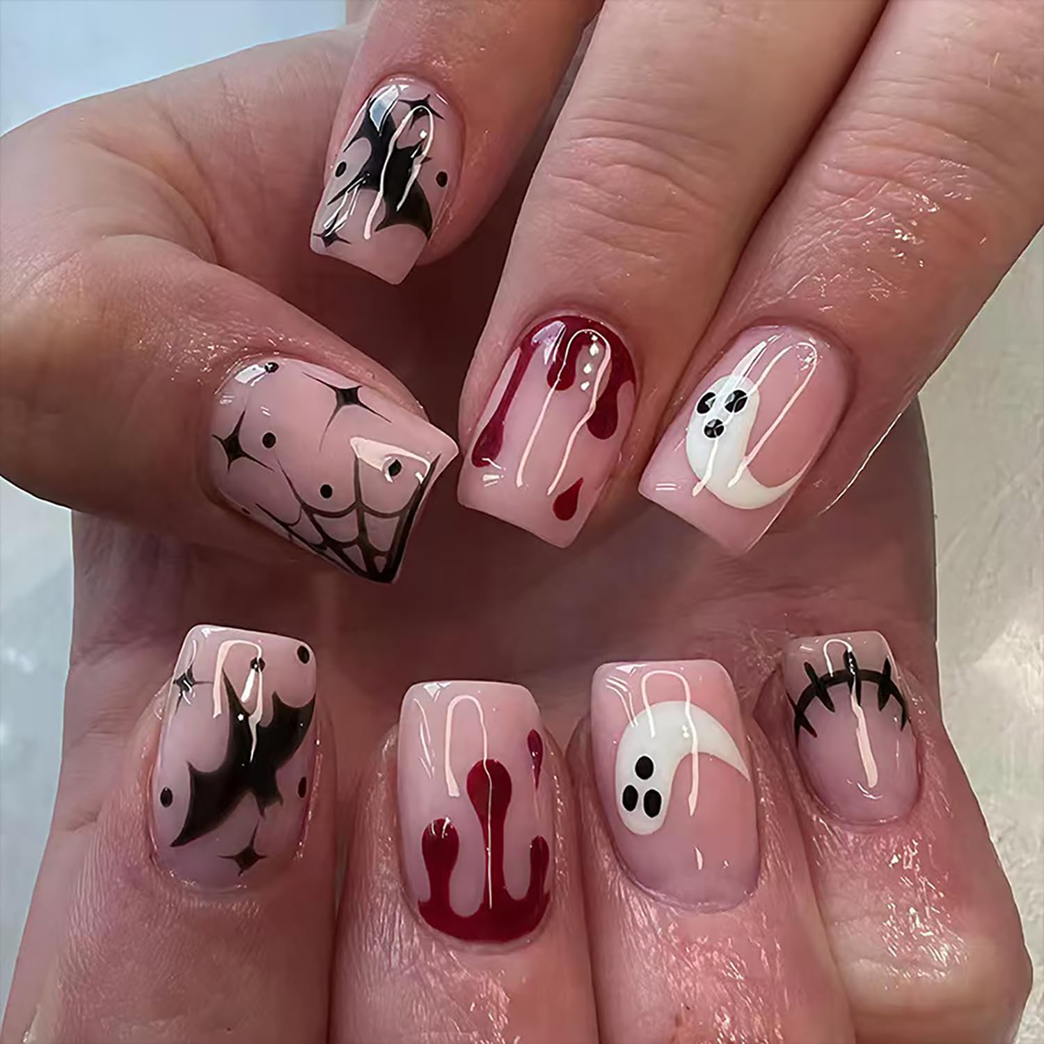 6 Packs(144Pcs) Halloween Press On Nails Short Square With Ghost Spider