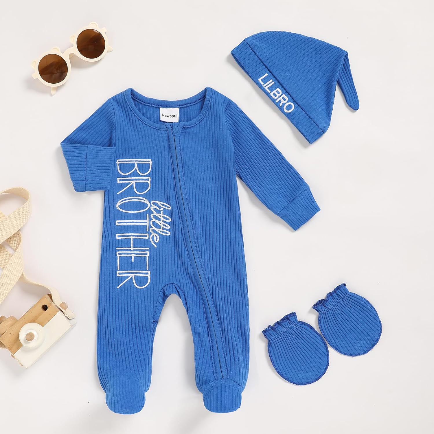 Newborn Baby Boy Outfits Zippered Romper Letter Embroidered Coming Home Jumpsuit with Hat Mittens - Image 2