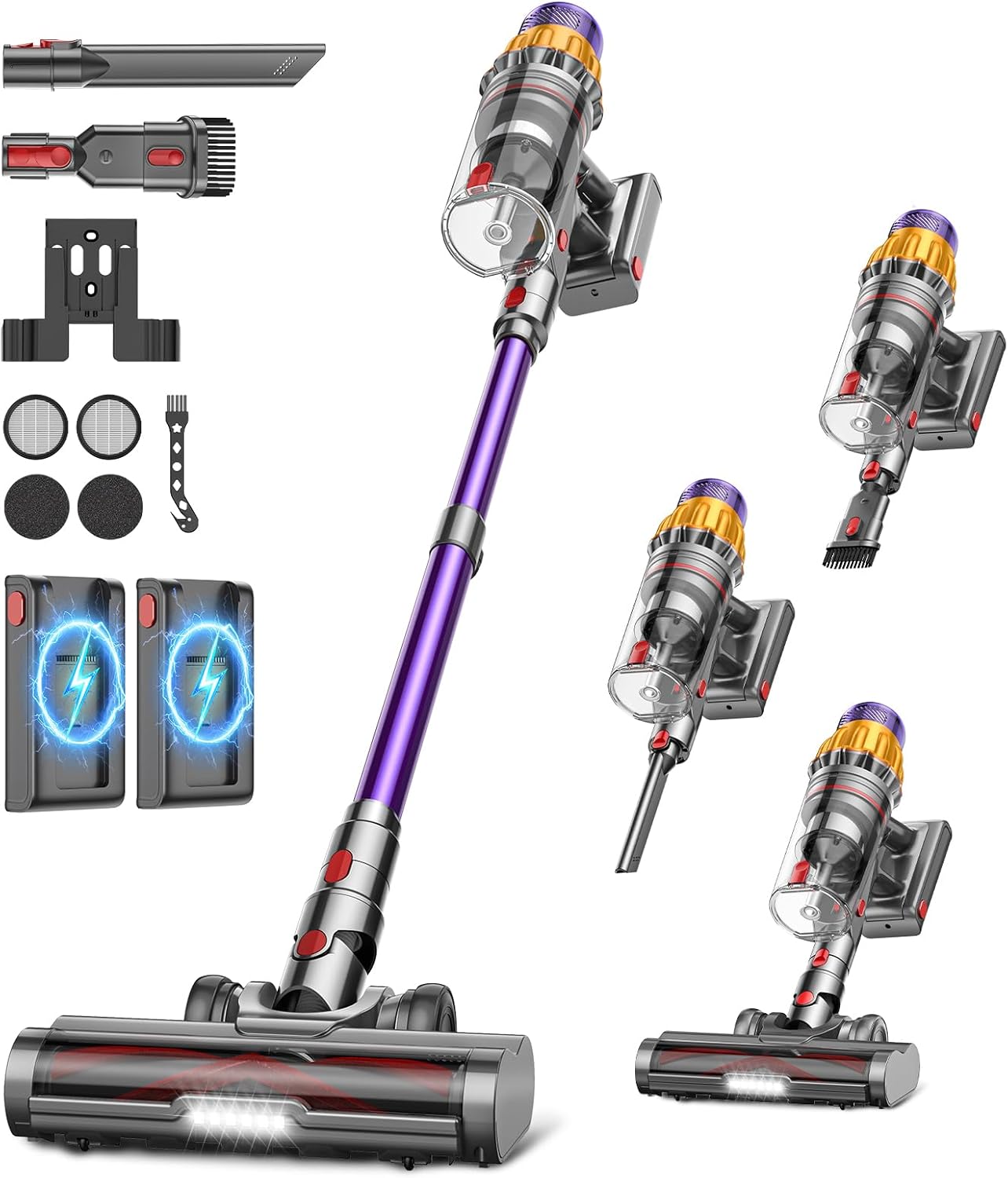 Cordless Vacuum Cleaner with 2 Battery Packs, 150 Min/55000Pa/600 W, 2.0 L Battery Vacuum Cleaner with Display/Anti-Tangle Brush/Self-Standing/Wall Charging Station/11-Layer Filtration for Pet Hair