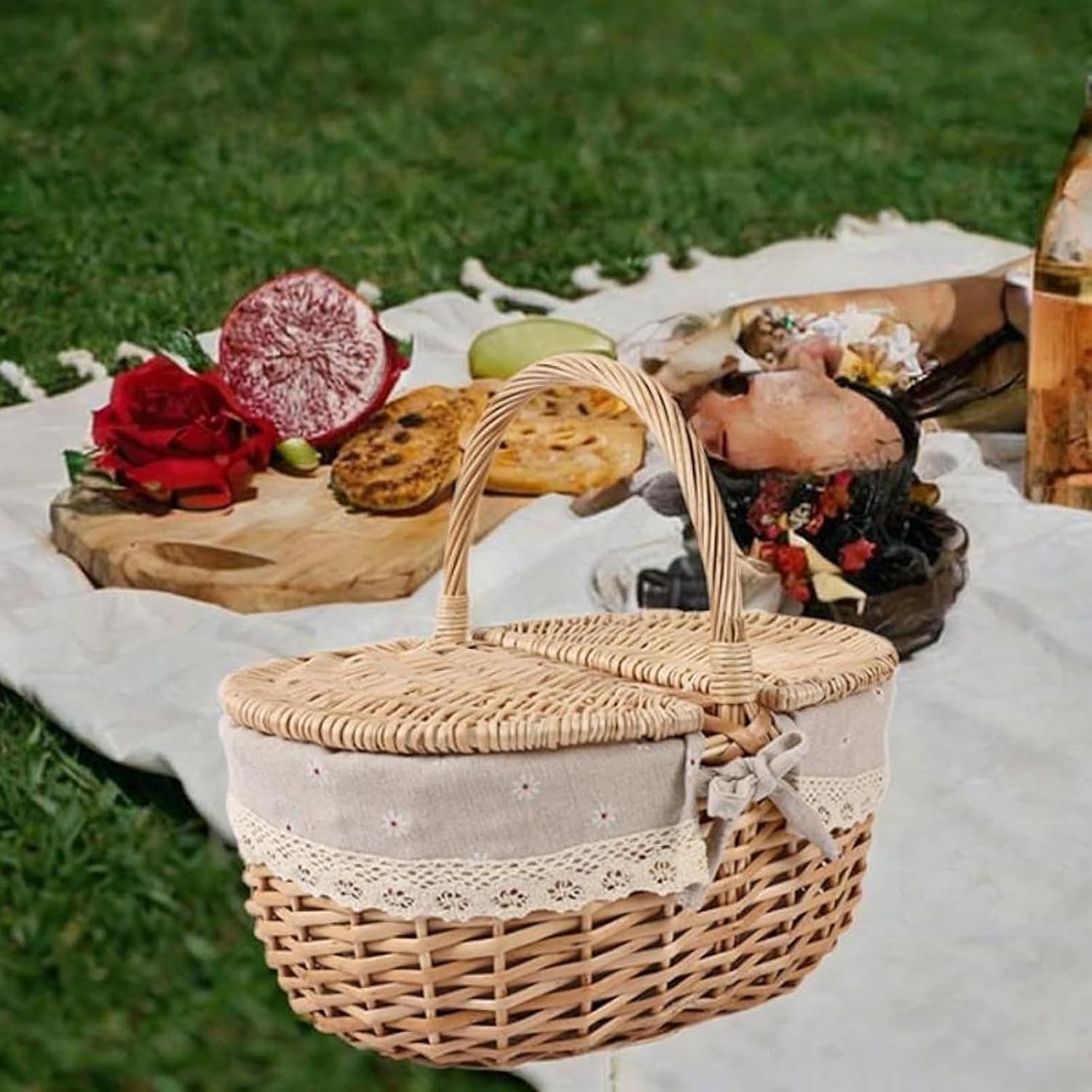 Picnic Basket, Picnic Cooler, Shopping Basket with Lid, Picnic Bag, with Lid and Handle, for Outdoor Party, BBQ, Camping(Medium)
