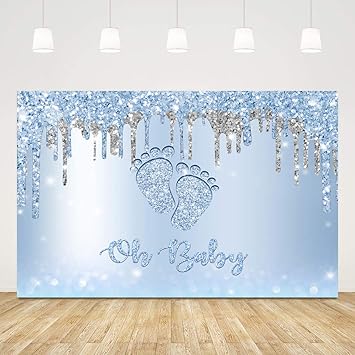 5x3ft Oh Baby Backdrops for Baby Shower Party Little Feet Baby Shower Party Backdrop for Boy Glitter Blue Baby Shower Boys Birthday Party Decorations It's A Boy Baby Shower Party Banners Photo Props
