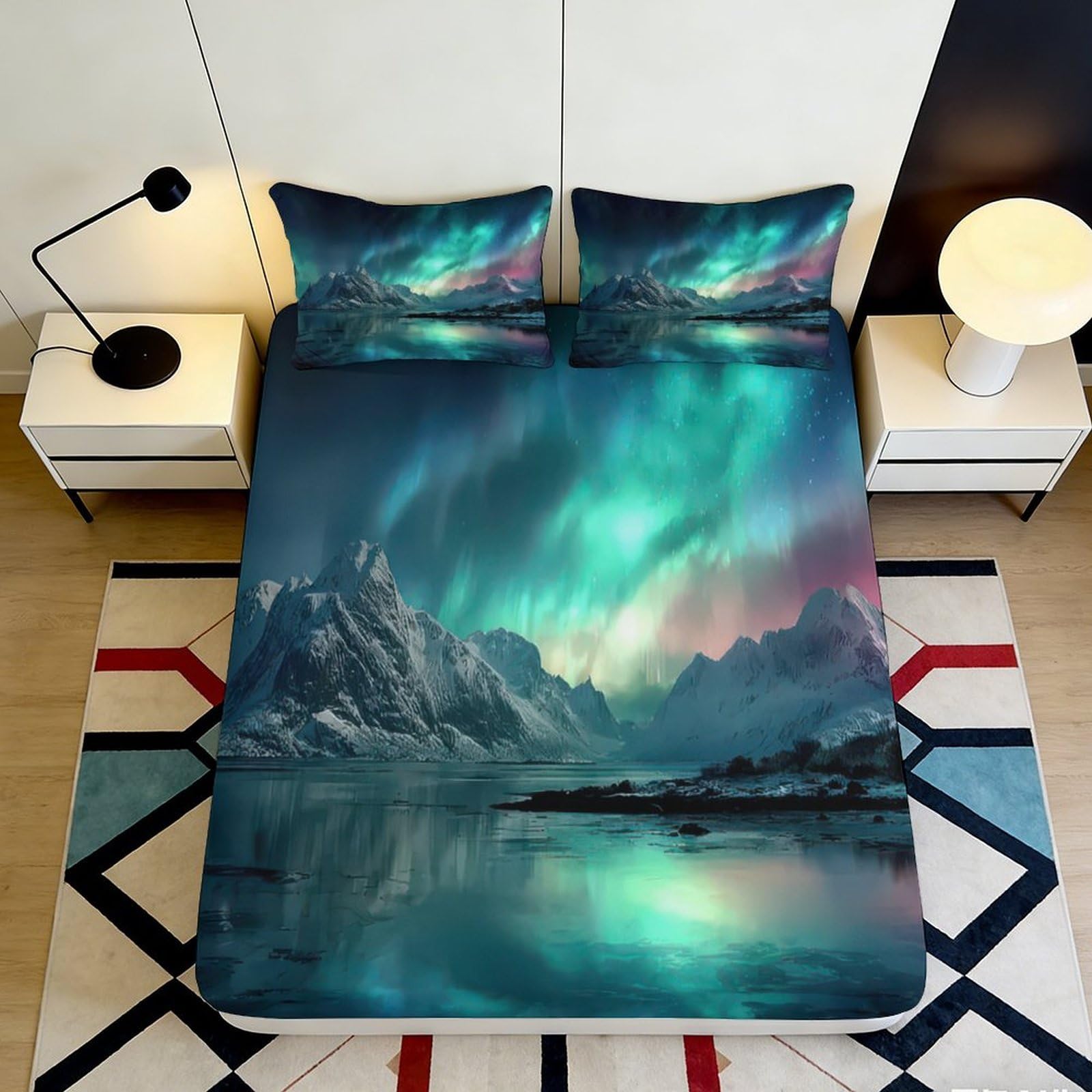 Zfldkwgb Style-4 3D Printed Aurora Borealis Fitted Sheet Microfiber Soft Breathable Northern Lights Mattress Cover For Bedroom Dorm Decor 90X200x25cm