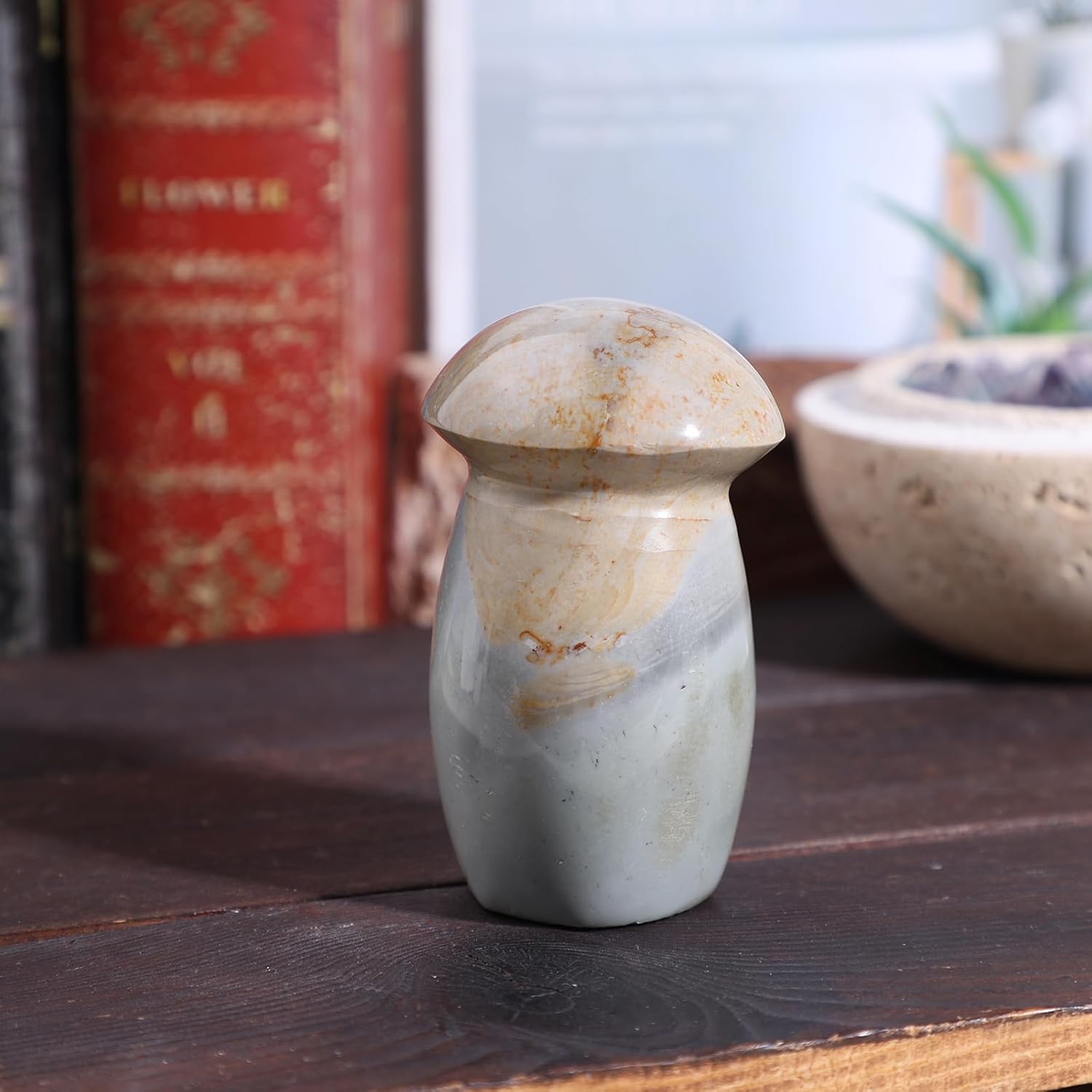Mushroom Statue for Home Garden Decor, Natural Ocean Jasper Stone Figurine Crystal Stone for Energy Balancing, Spiritual Healing, 0.66-0.88lb