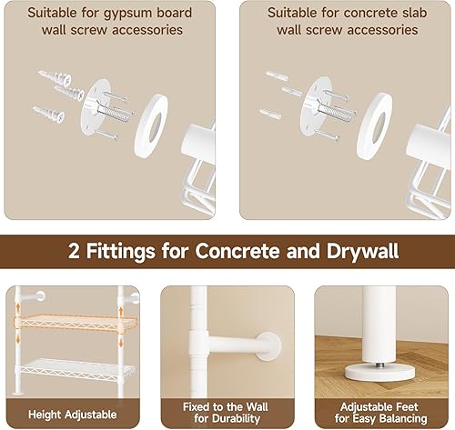 Miniatura 6 de L2 - Sistema de armario montado en la pared, perchero industrial de tubería con 2 varillas telescópicas y 6 estantes, sistema organizador de armario