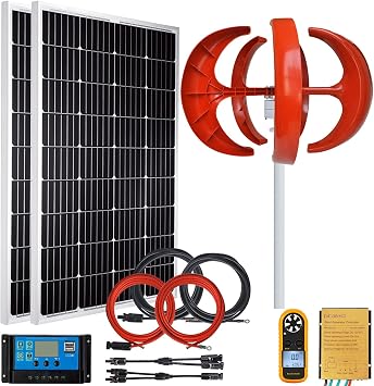 Wind Turbine Vertical Axis Generator 200W12V + 2 PCS 100W 12V Monocrystalline Solar Panel Kits Suit for RV Marine Home Solar Wind Hybrid System