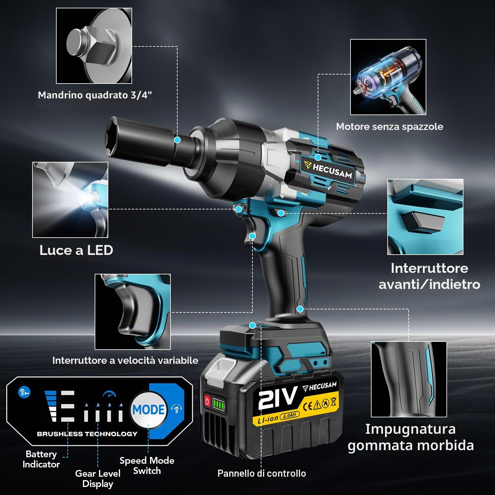 Avvitatore A Impulsi Senza Filo, 2100 Nm Di Coppia Massima, Chiave A Percussione 3/4" Con Due Batterie Da 6000mah, Adattatore Da 1/2 Pollici, Caricatore Rapido, Auto Familiare/macchine pesanti
