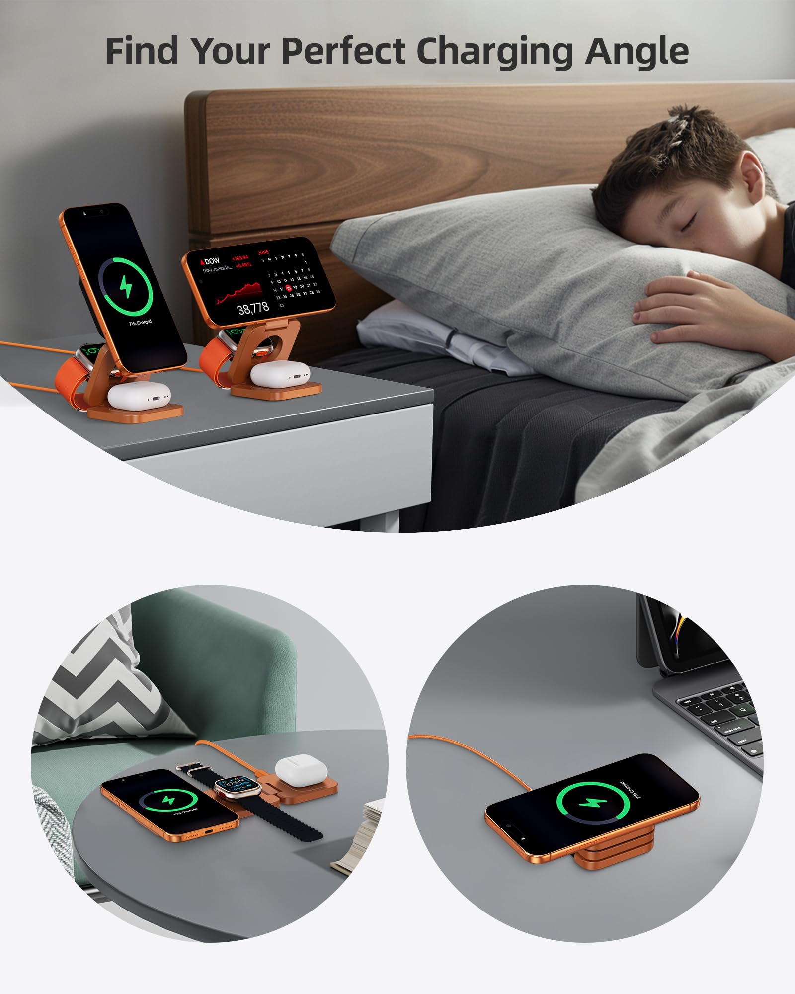 KU XIU X55 Turbo Qi2.2 25W Caricatore Wireless per Magsafe, Pieghevole Stazione di Ricarica 3 in 1, Magnetico Wireless Charger Base per iPhone 17-12 & Watch & AirPods, Adattatore incluso, Arancio